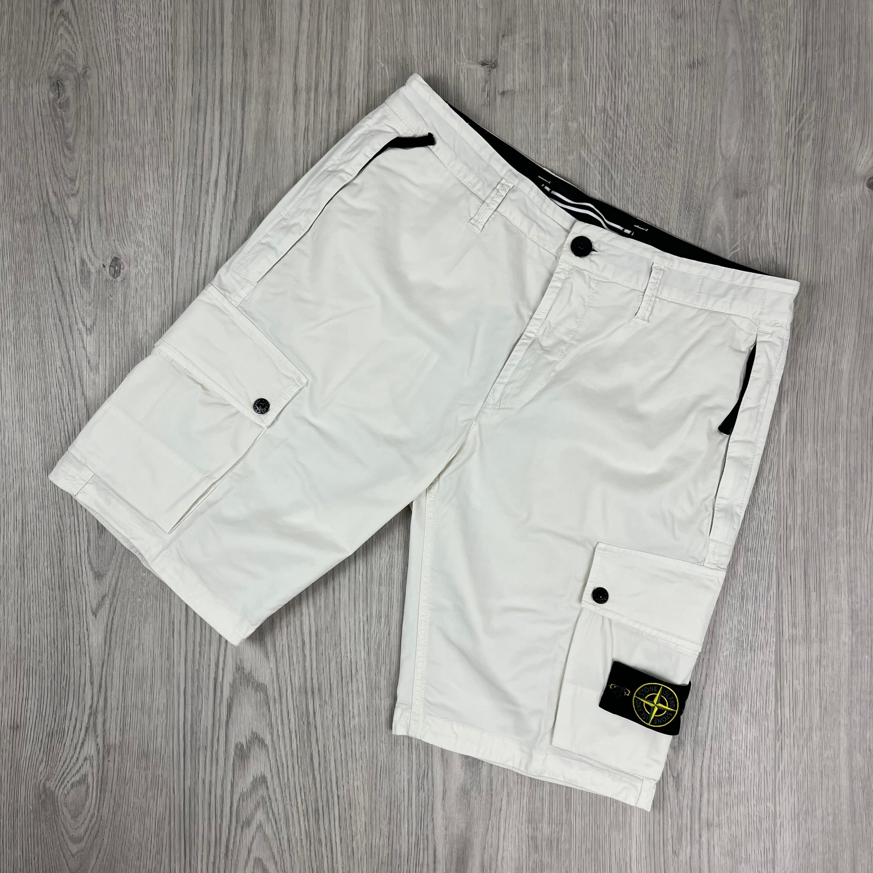 Men's Stone Island Cargo Shorts in Ivory. On sale at Open Attire.