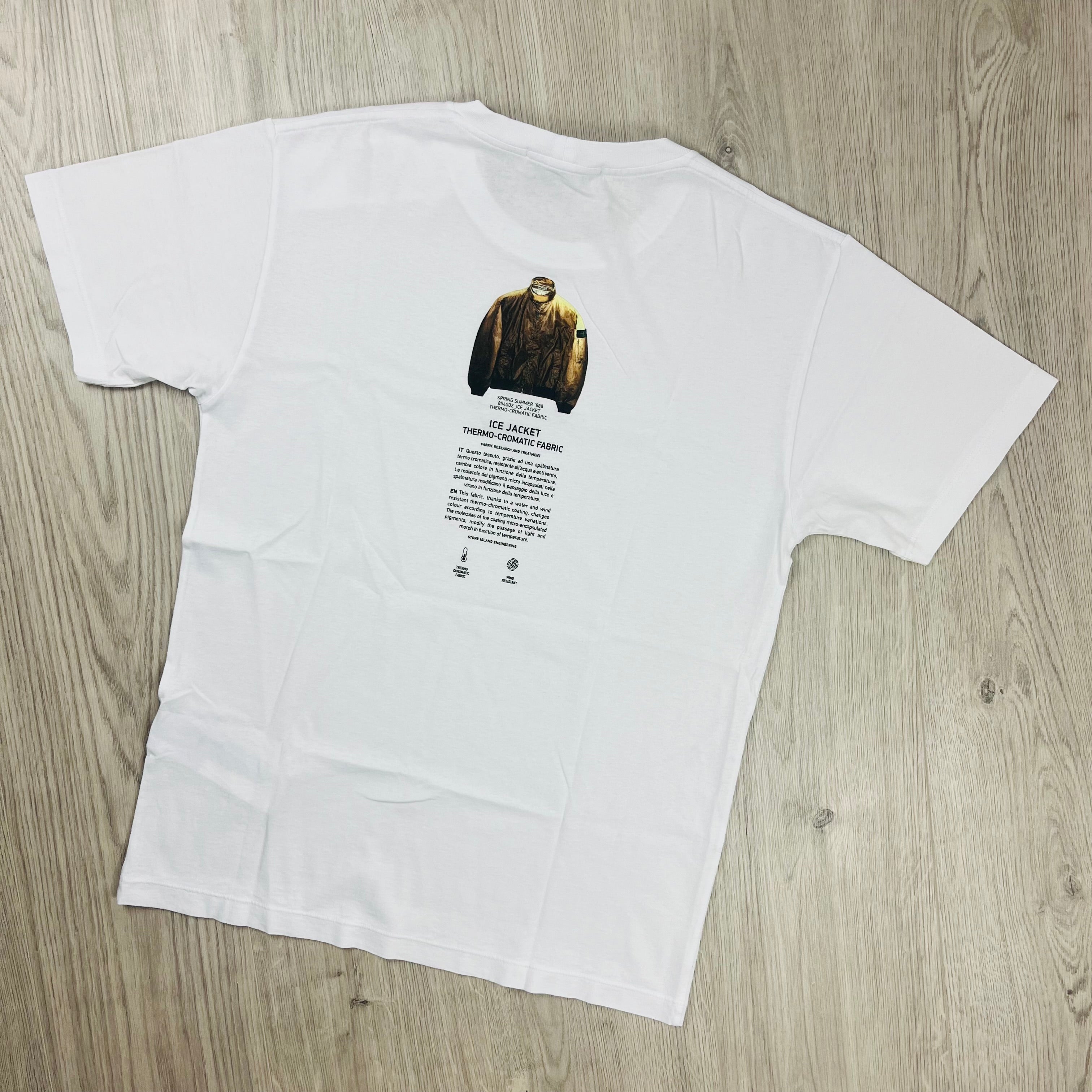Men's Stone Island Archivio T-Shirt in White with a 1989 icon print. On sale at Open Attire.