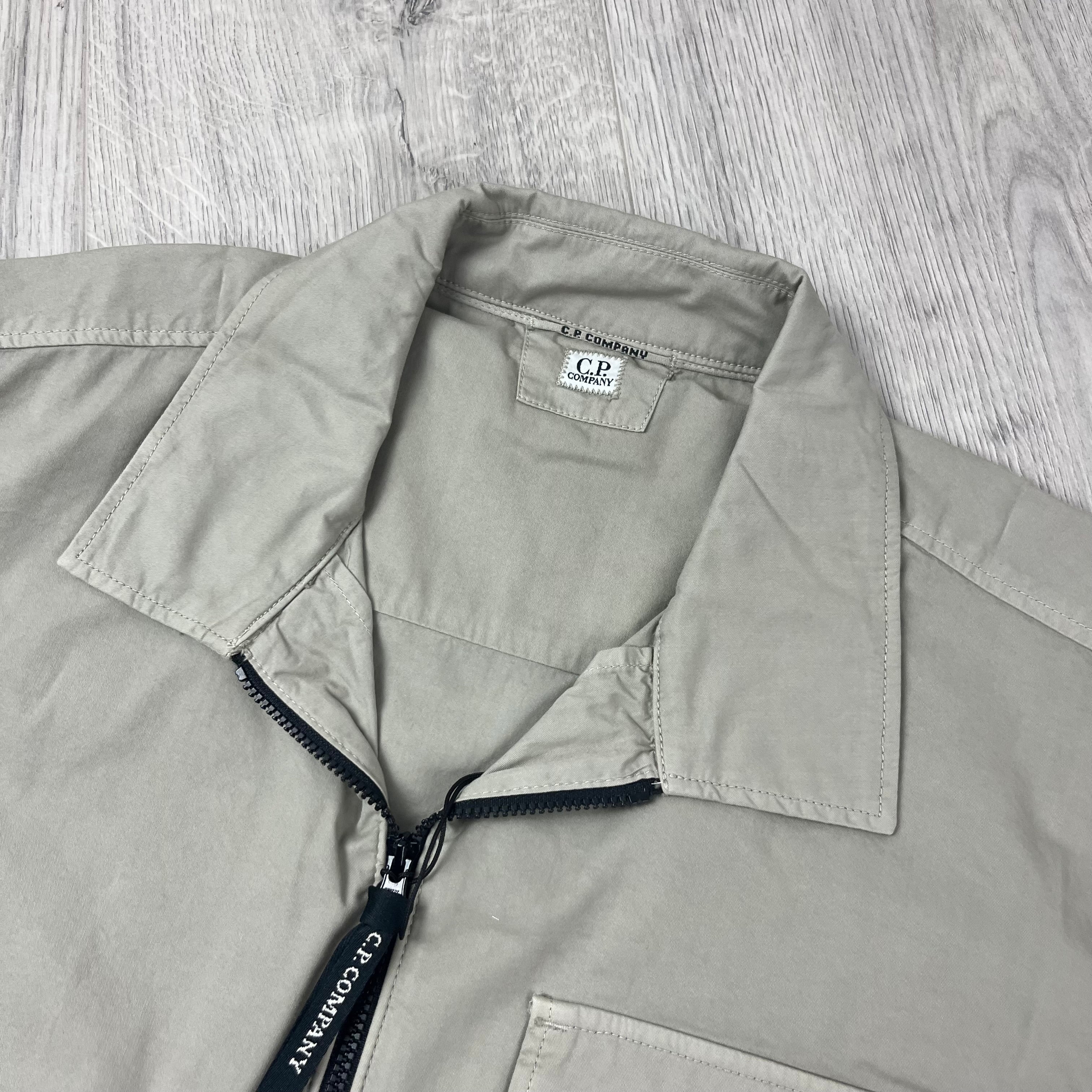 CP Company Gabardine Zip Overshirt in Vintage Khaki. On sale at Open Attire.