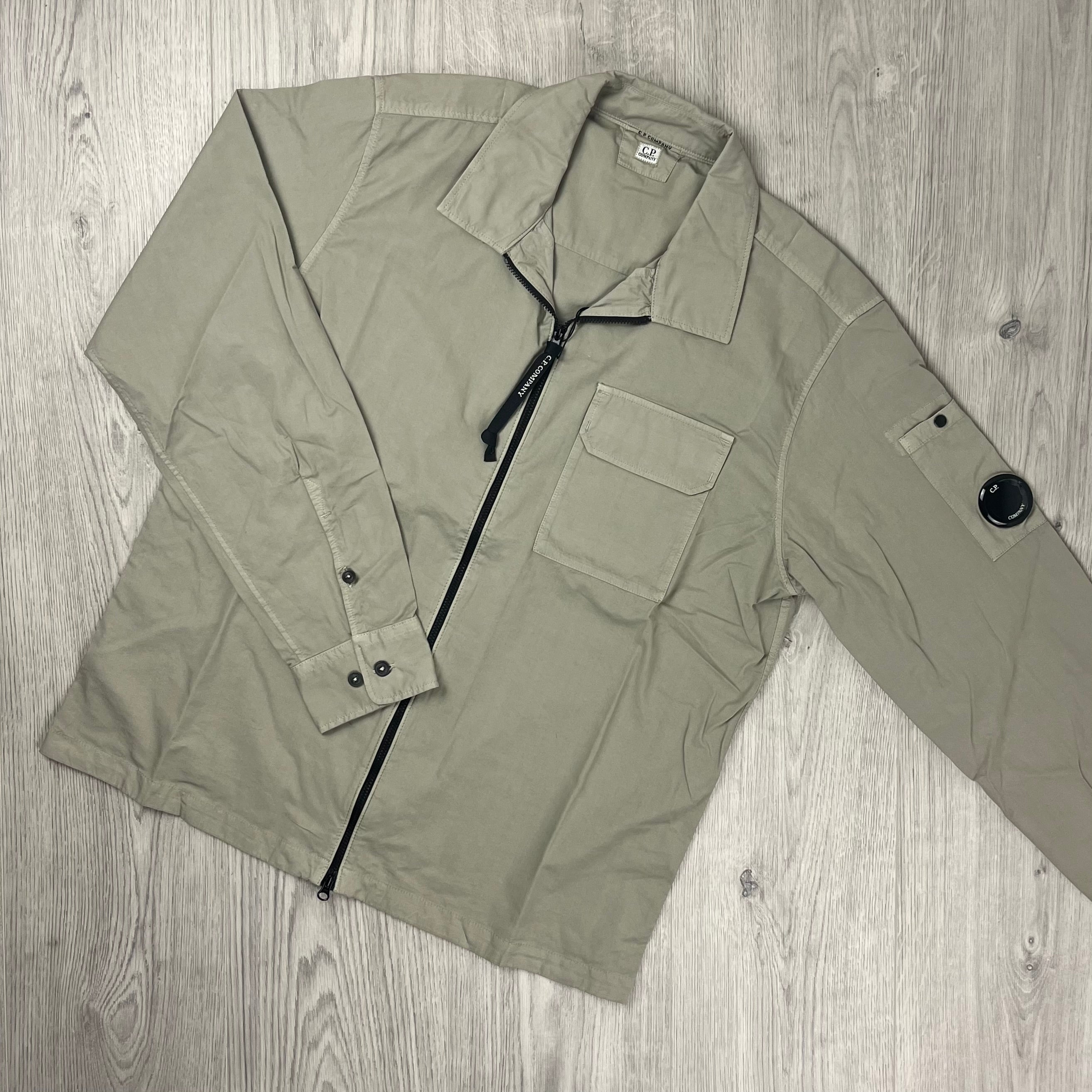 CP Company Gabardine Zip Overshirt in Vintage Khaki. On sale at Open Attire.