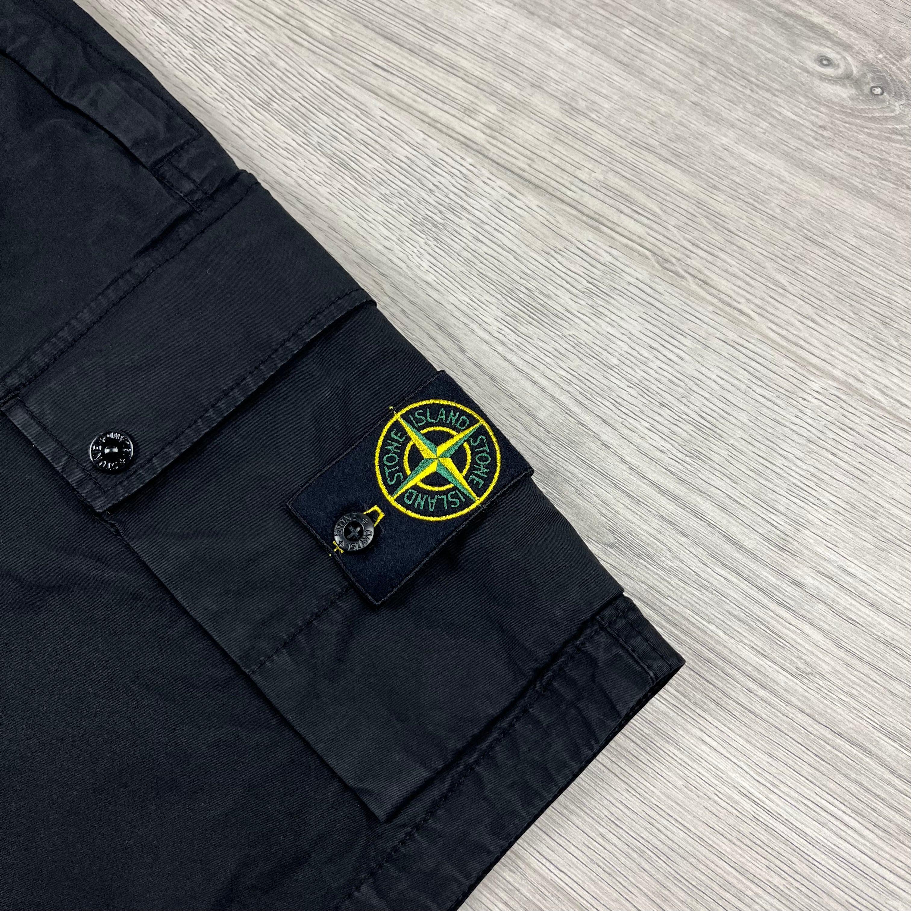 Stone Island Bermuda Cargo Shorts in Black. On sale at Open Attire.