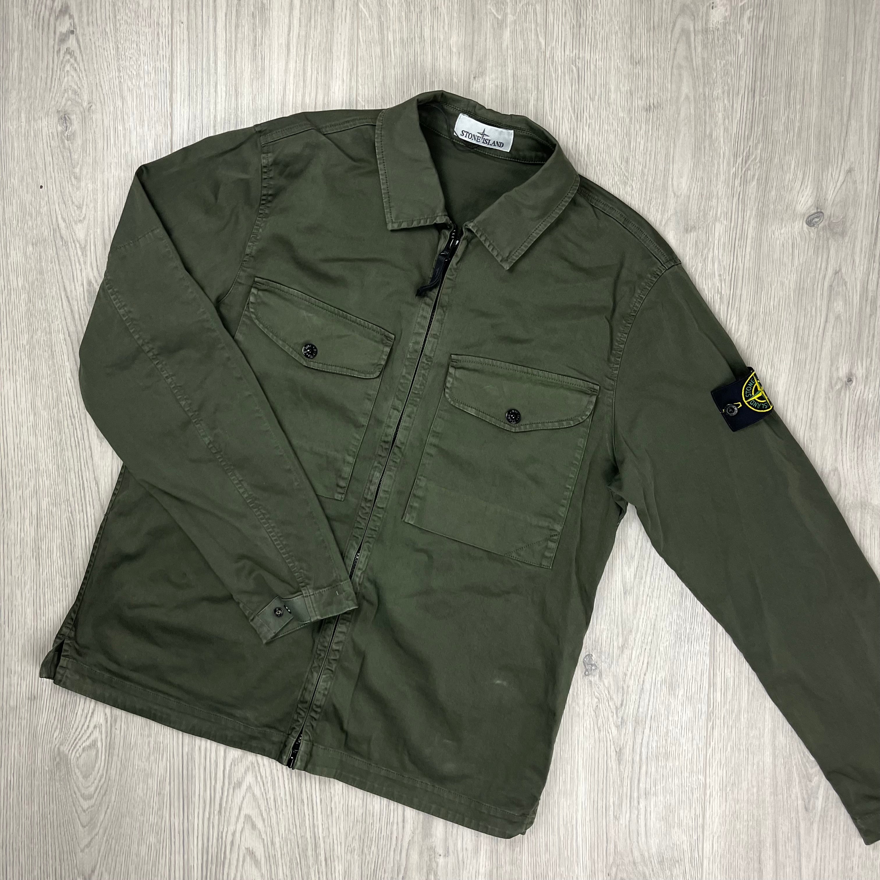 Stone Island Stretch Cotton Satin Overshirt in Military Green. On sale at Open Attire.