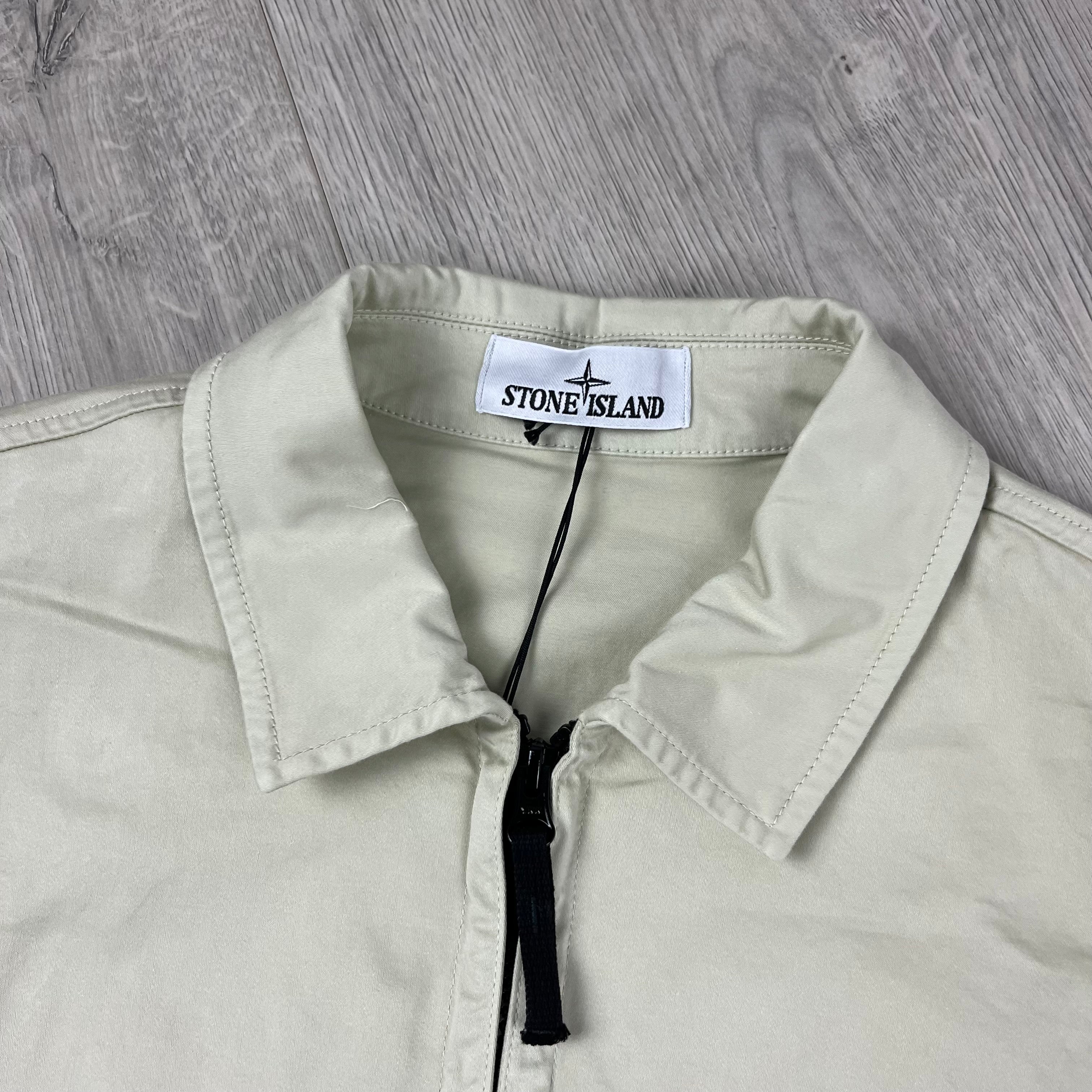 Stone Island Stretch Cotton Satin Overshirt in Sand Beige. On sale at Open Attire.