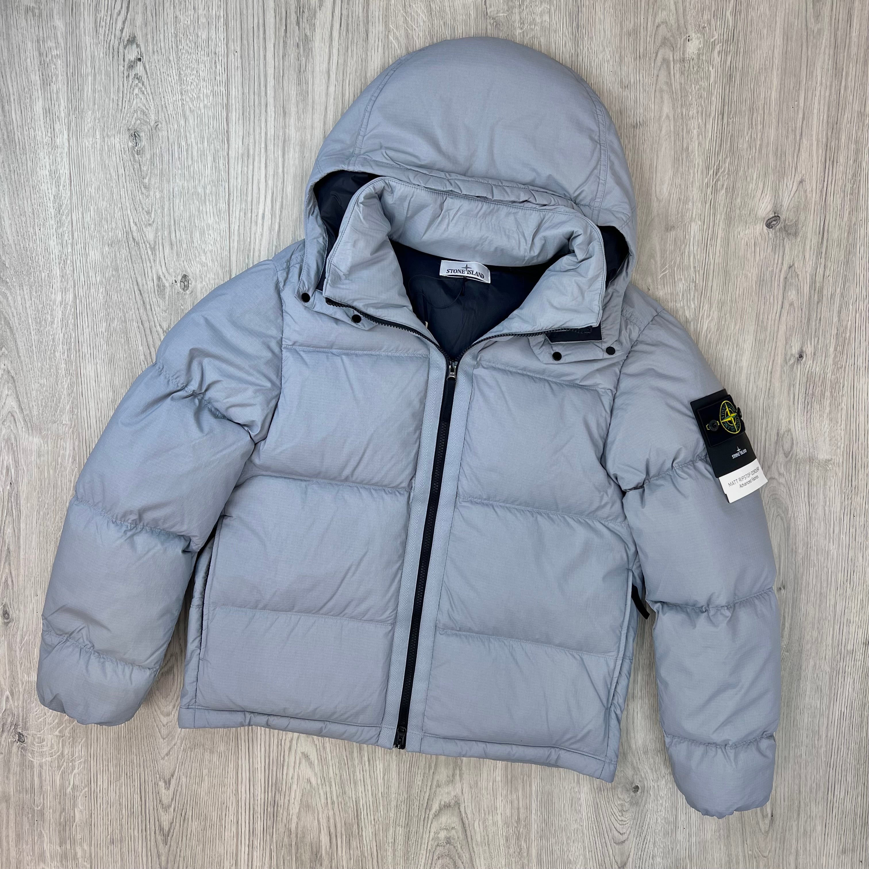 Front view of the Stone Island Matt Ripstop CORDURA® Down Jacket in Ash Grey.