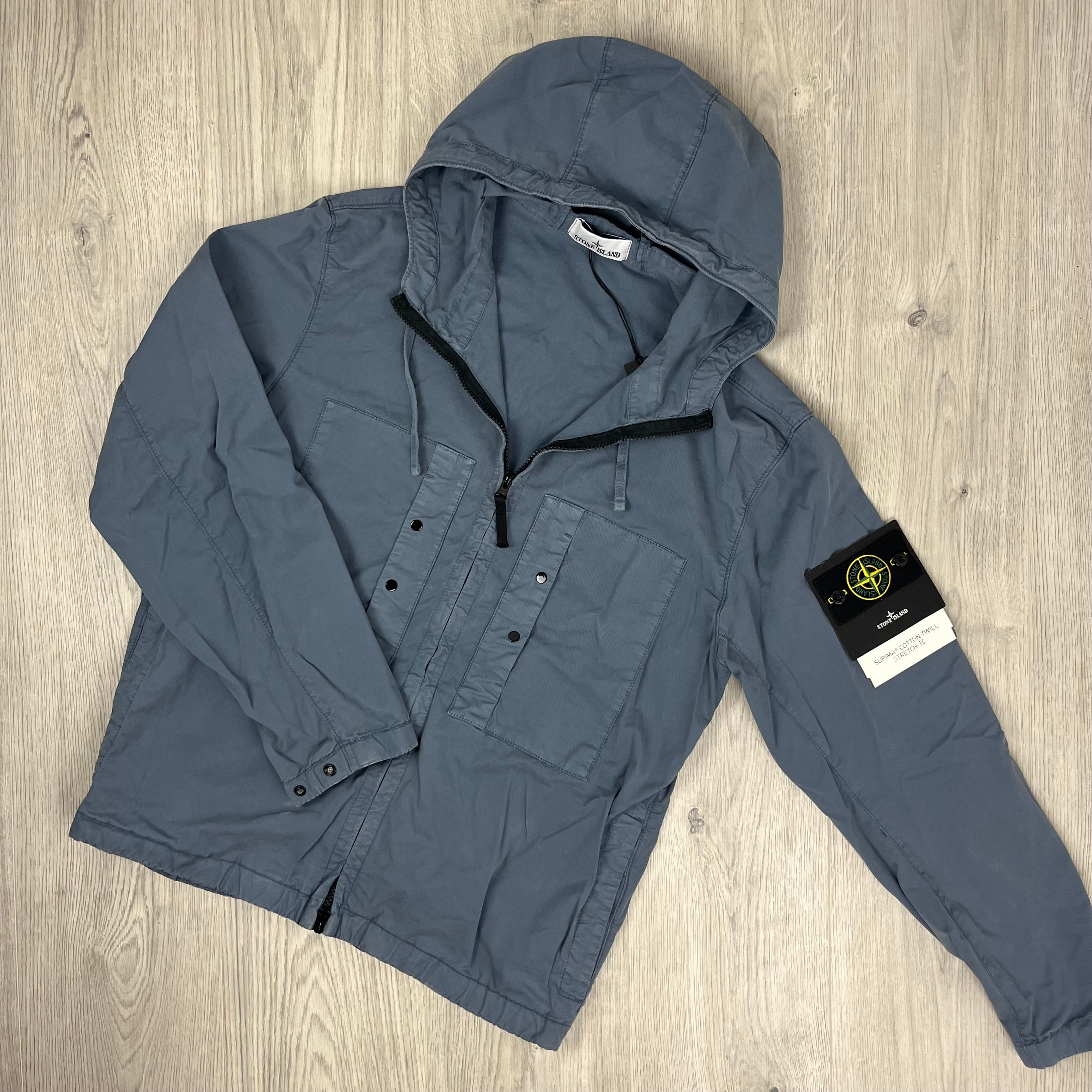 Men's Stone Island Supima Hooded Overshirt in Avio Blue. On sale at Open Attire.