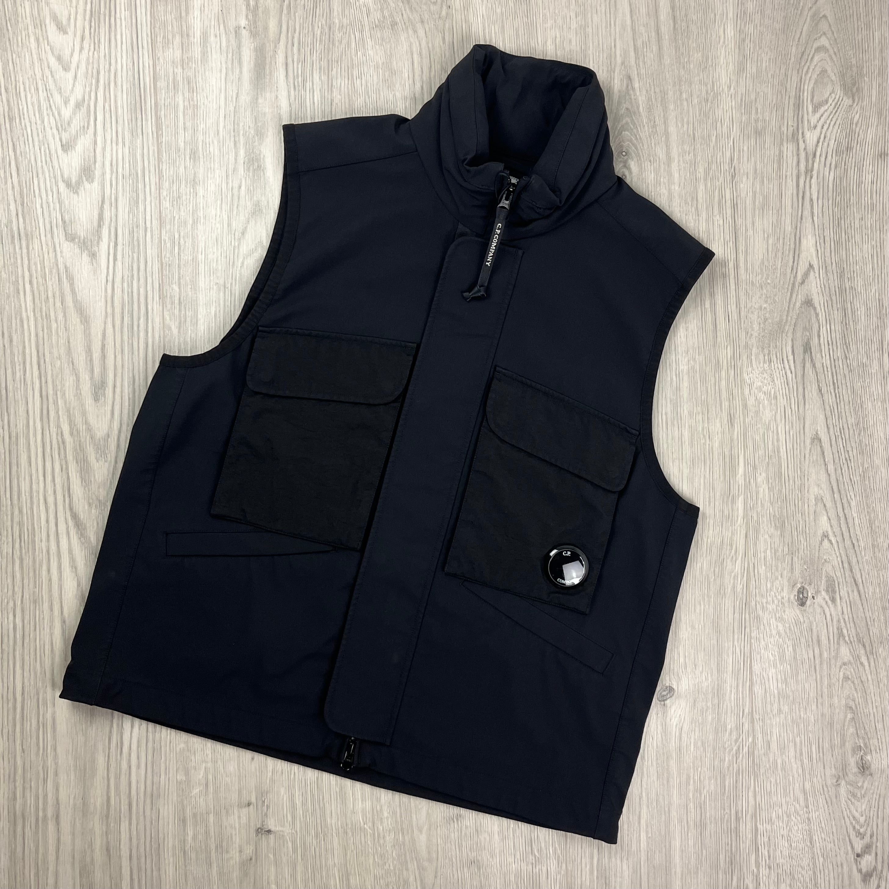 CP Company GD Shell Mixed Lens Gilet in Black. On sale at Open Attire.