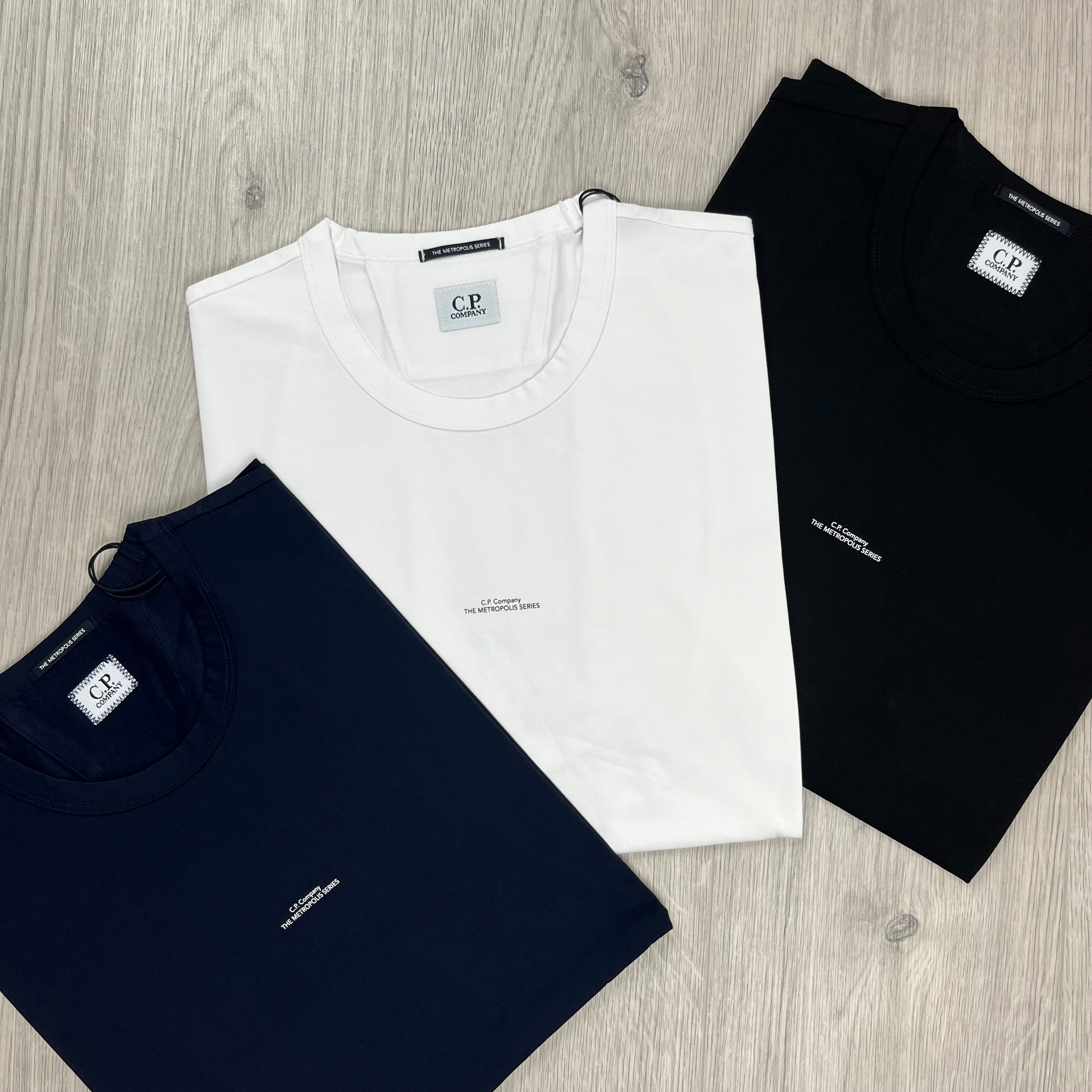 CP Company Metropolis Series T-shirts in a pack of 3 colours; black, white and navy blue. On sale at Open Attire.