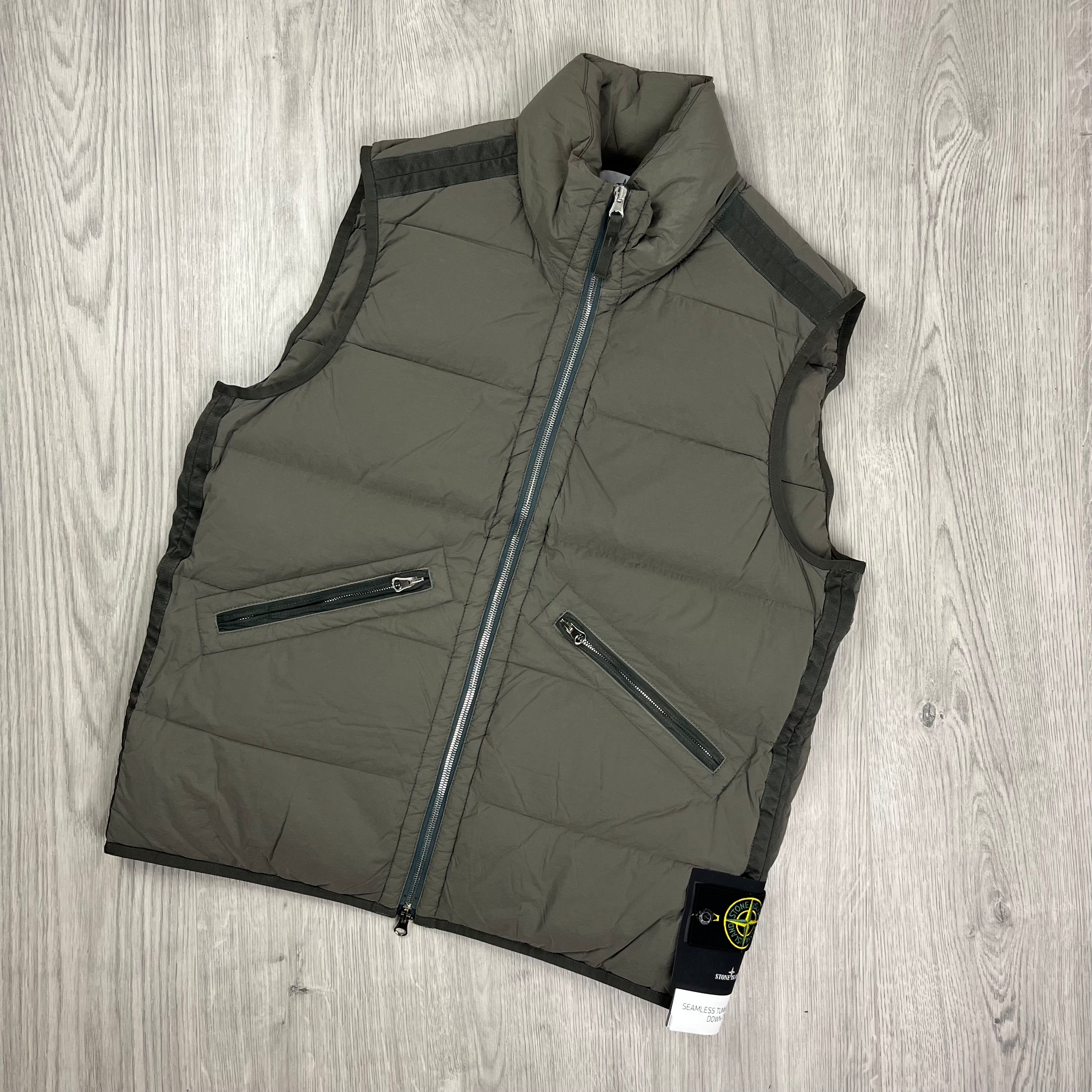 Stone Island down gilet in Walnut Brown. On sale at Open Attire.