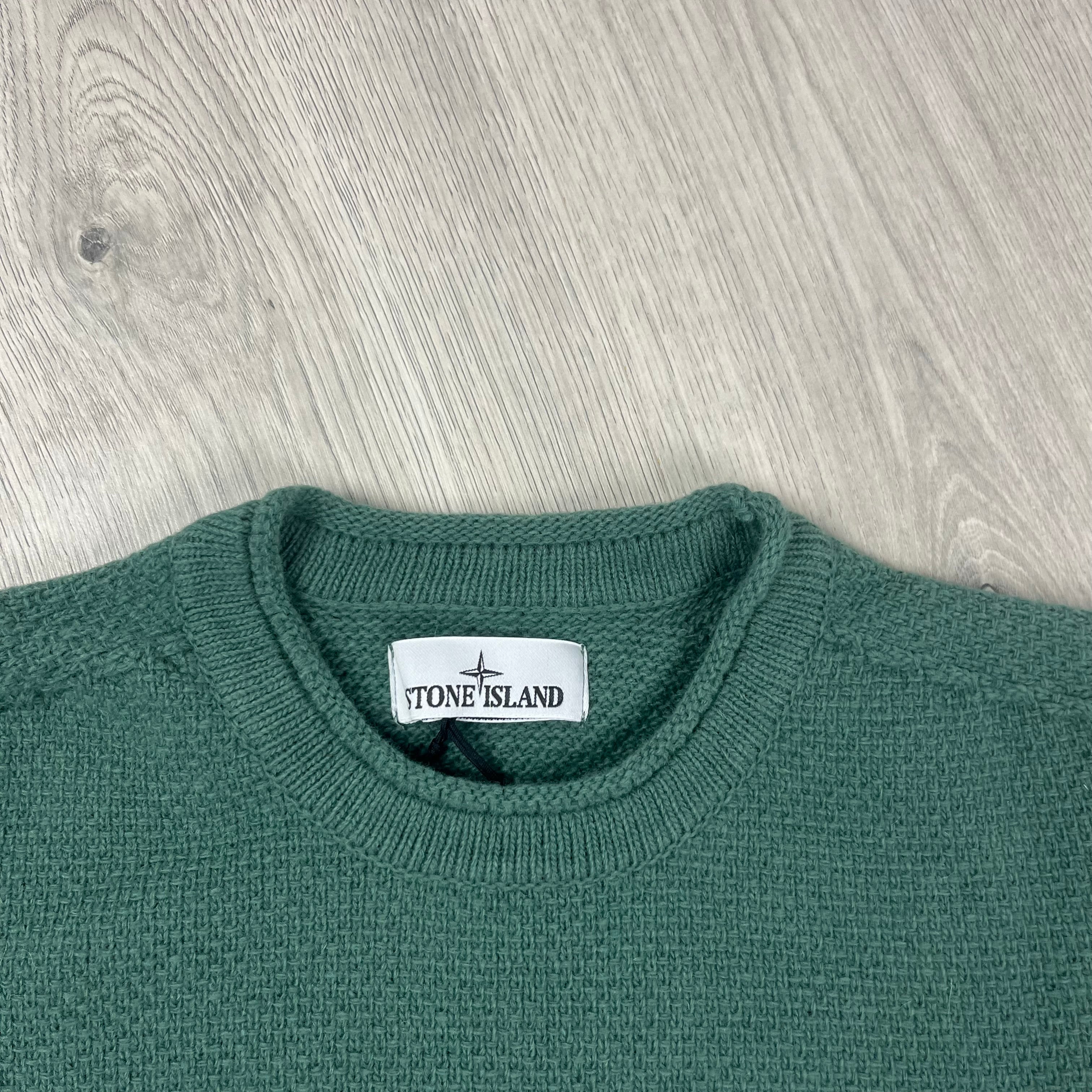 Stone Island lambswool sweatshirt in Sage Green. On sale at Open Attire.