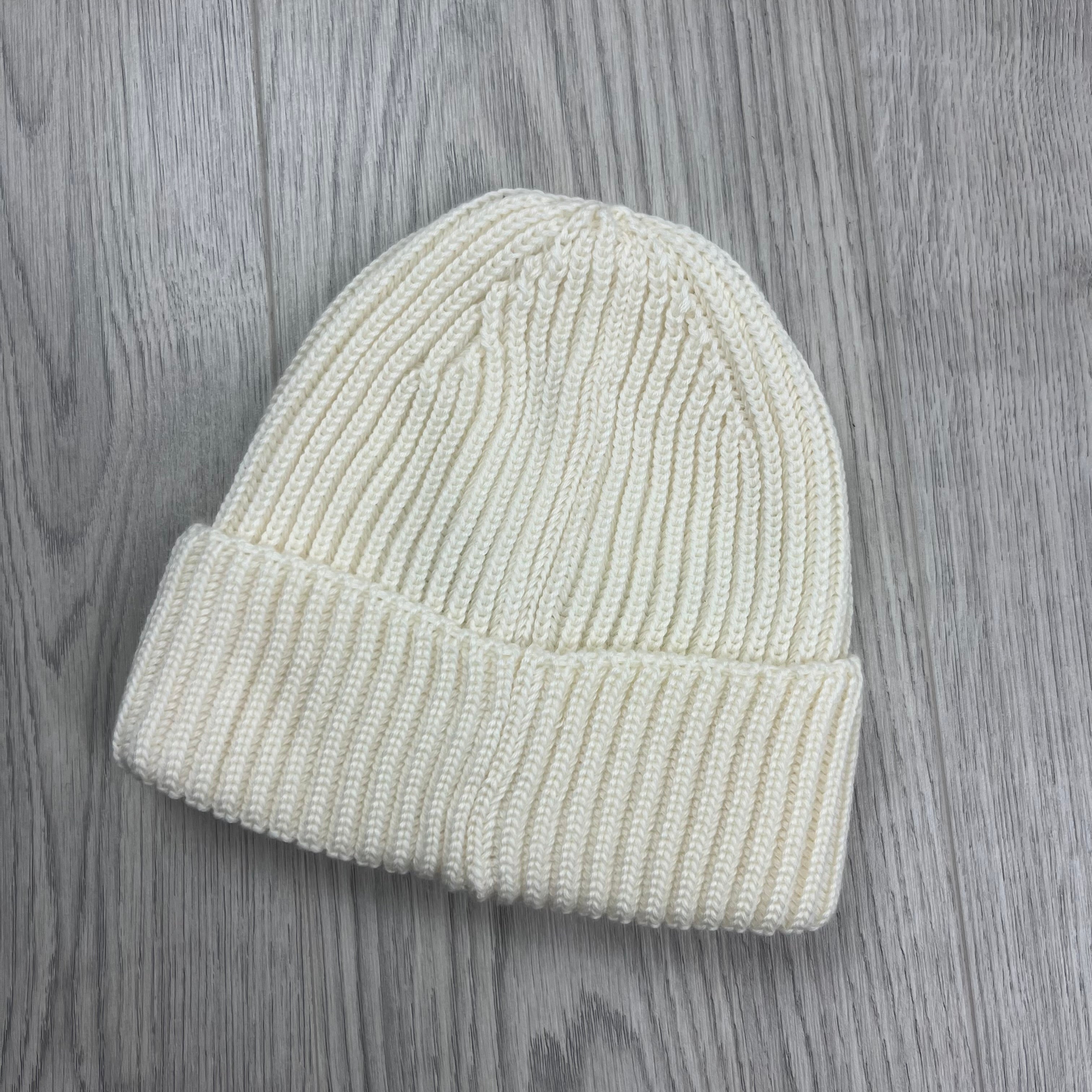 CP Company Merino Wool Lens Beanie in Gauze White. On sale at Open Attire.