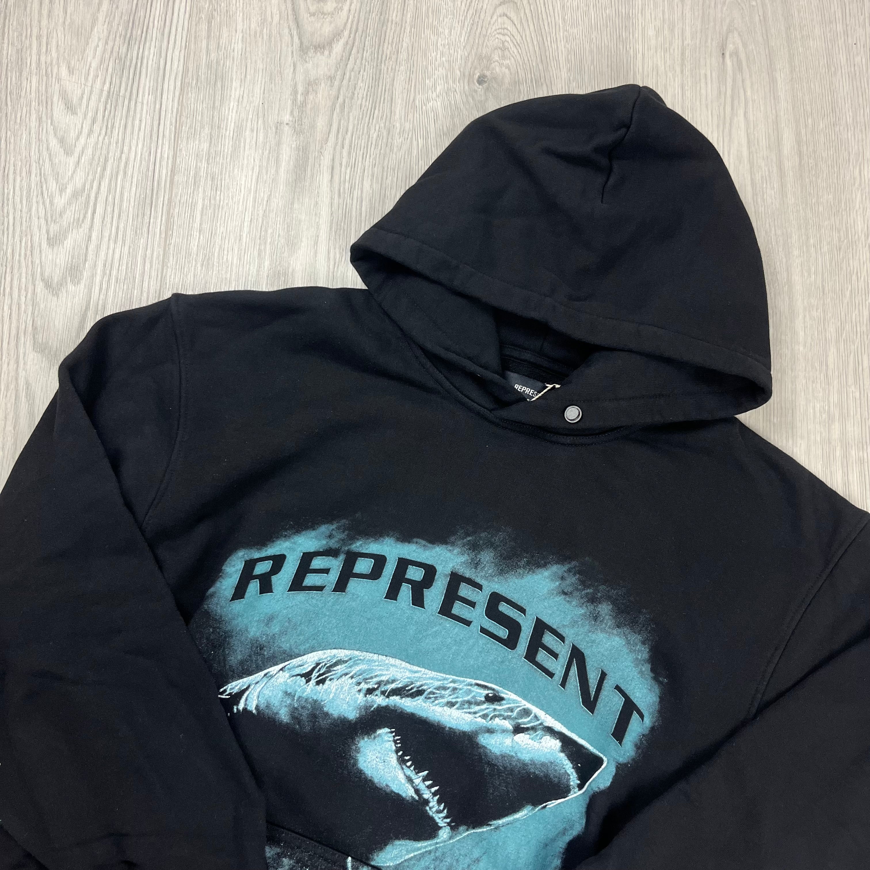 Represent shark print hoodie in black. On sale at Open Attire.