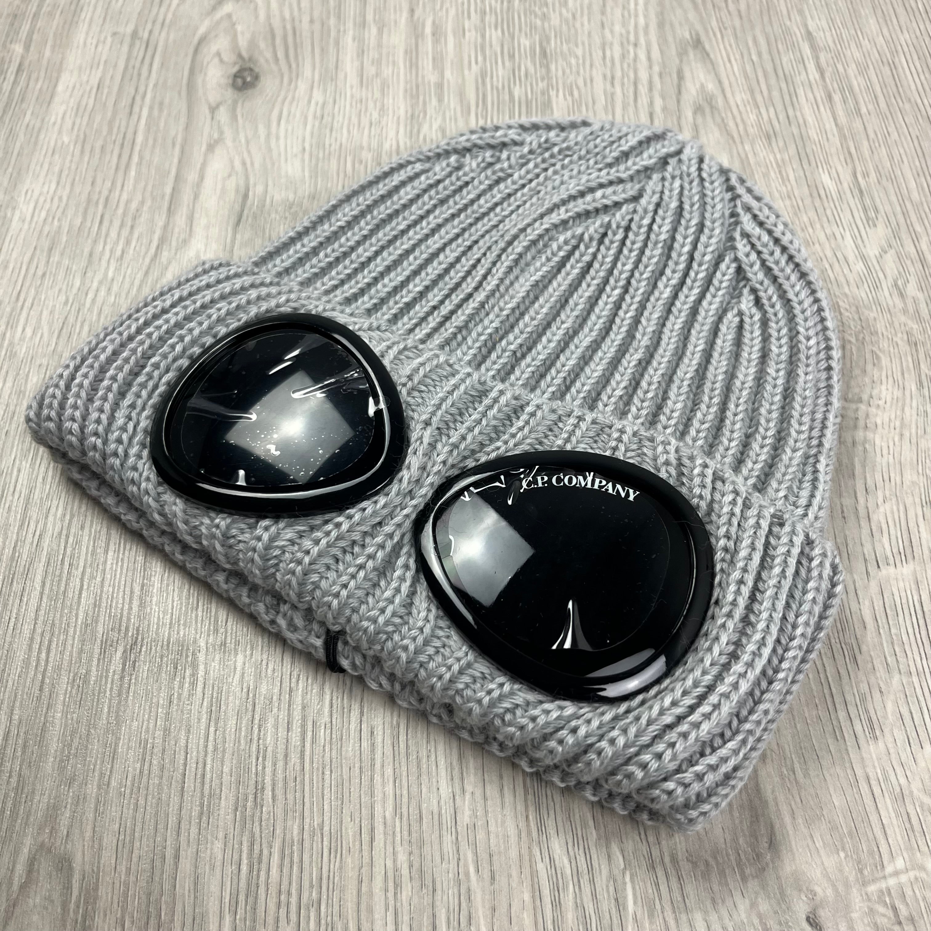 CP Company Extra Fine Merino Wool Goggle Beanie in Grey. On sale at Open Attire.