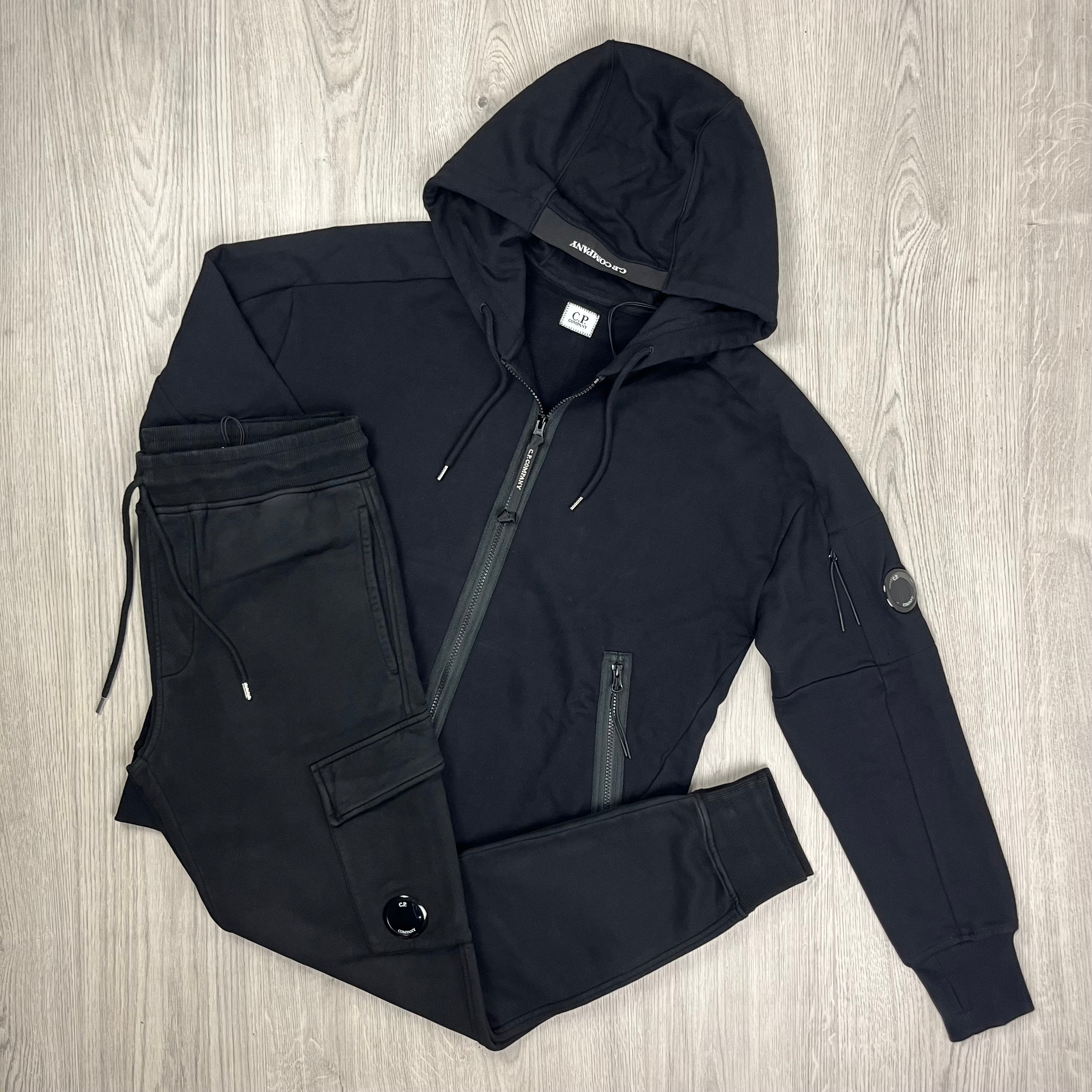 CP Company Black Tracksuit consisting of a hoodie and sweatpants. On sale at Open Attire.