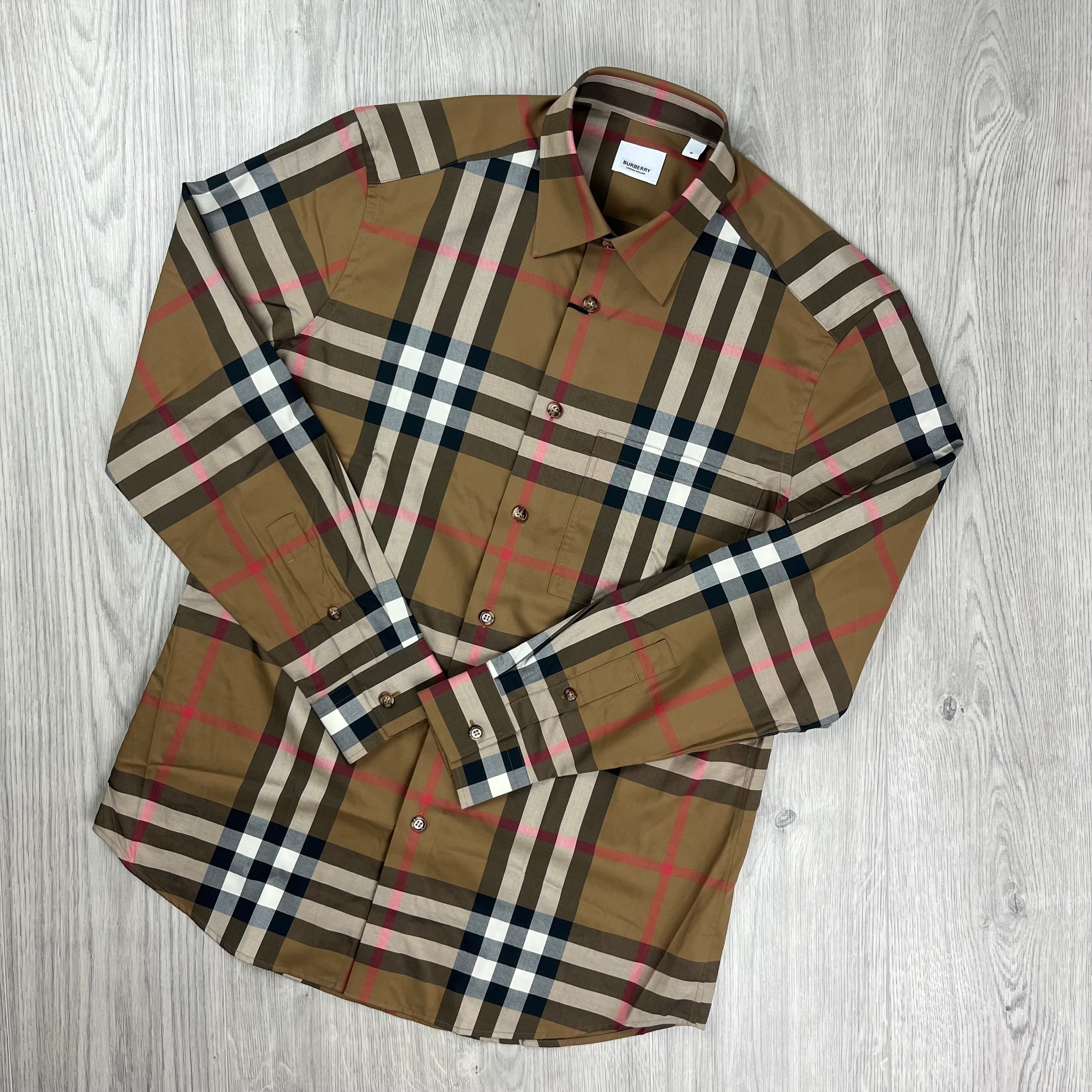 Burberry Claverdon Shirt in Taupe Brown. On sale at Open Attire.