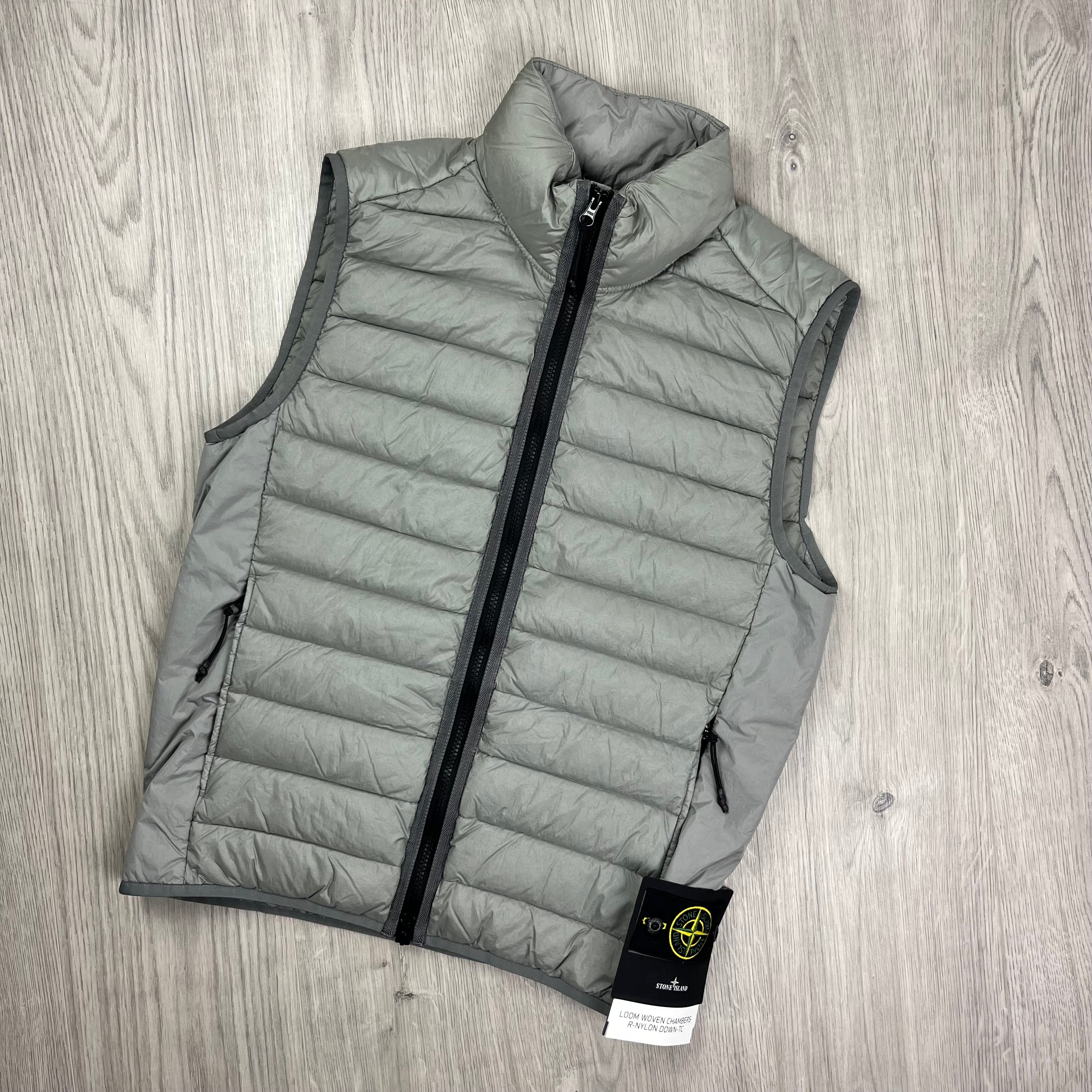 Stone Island down gilet in Grey. On sale at Open Attire.