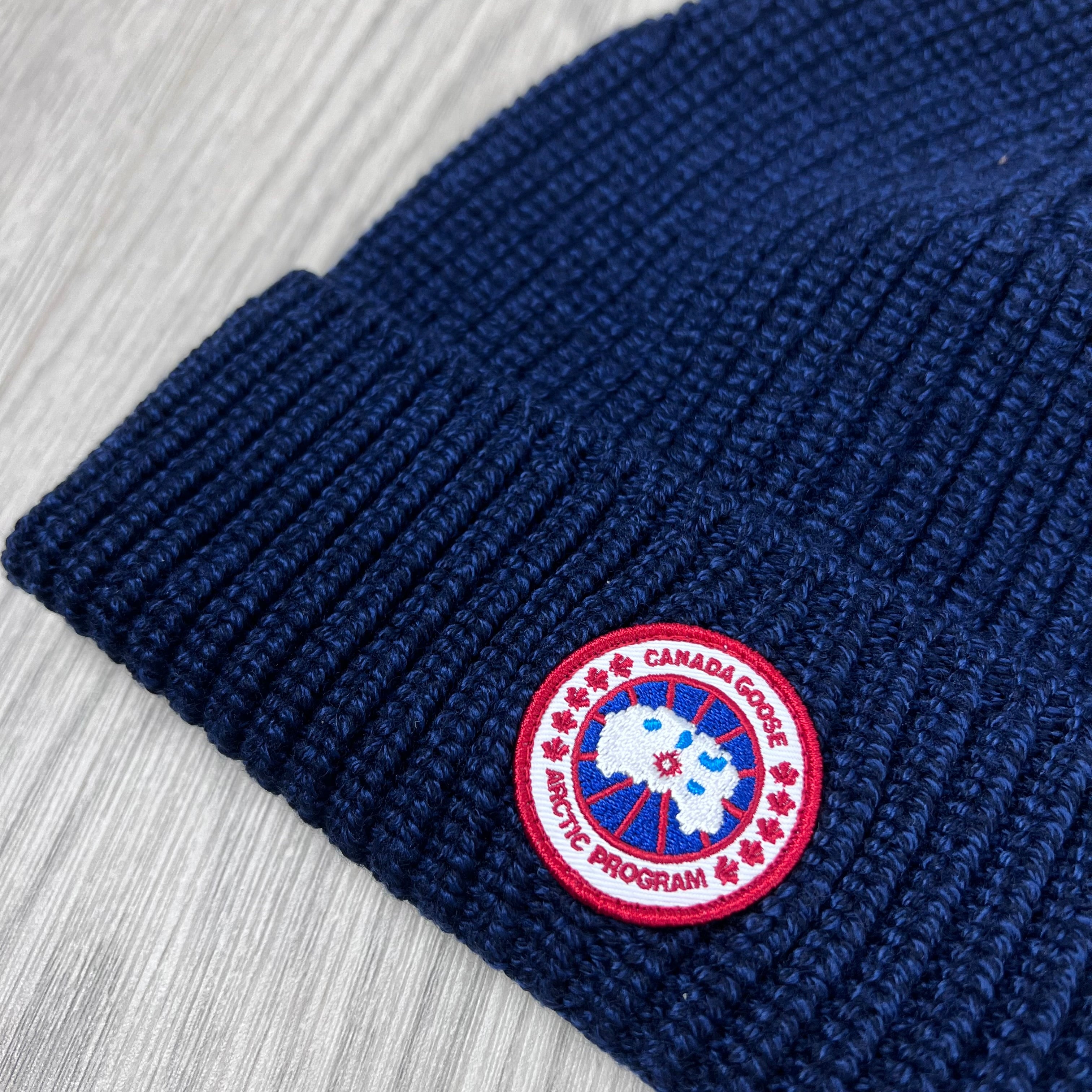 Canada Goose Ribbed Toque Beanie in Navy Heather. On sale at Open Attire.