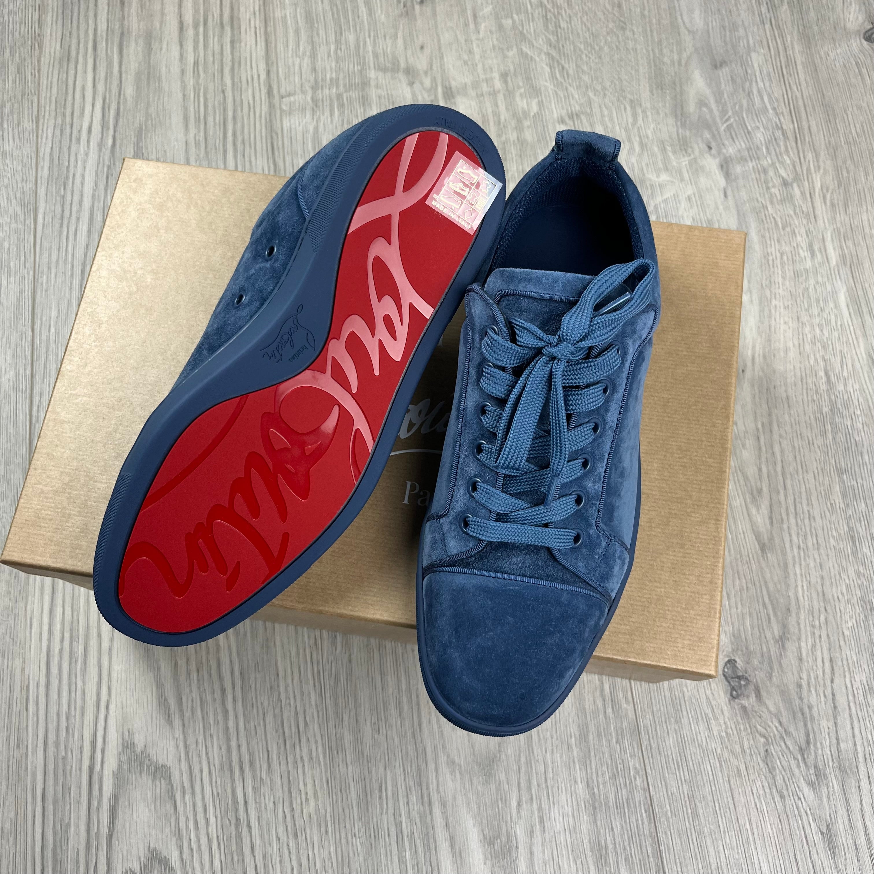 Christian Louboutin Louis Junior Sneakers in Denim Blue. On sale at Open Attire.