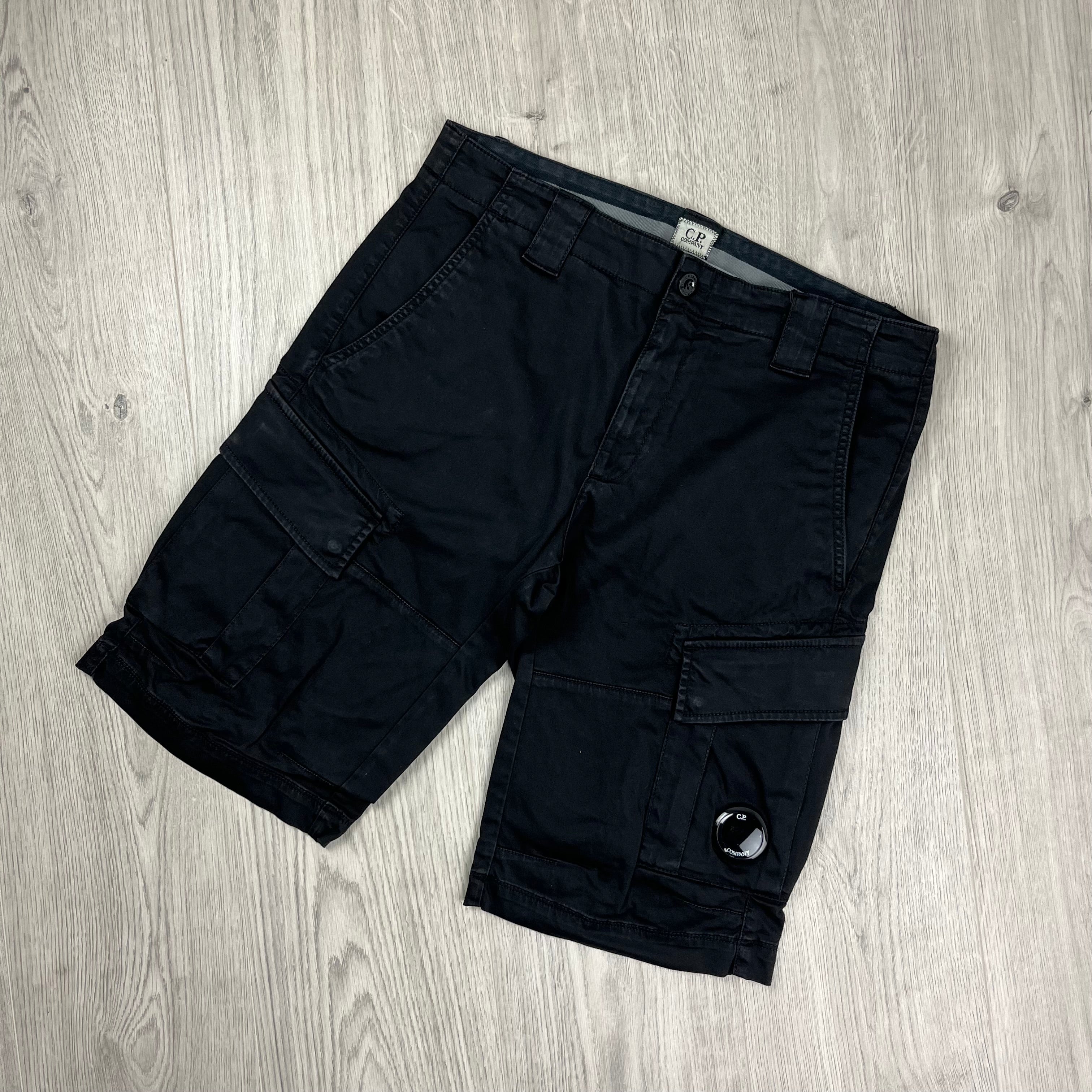 CP Company Gabardine Cargo Shorts in Black. On sale at Open Attire.