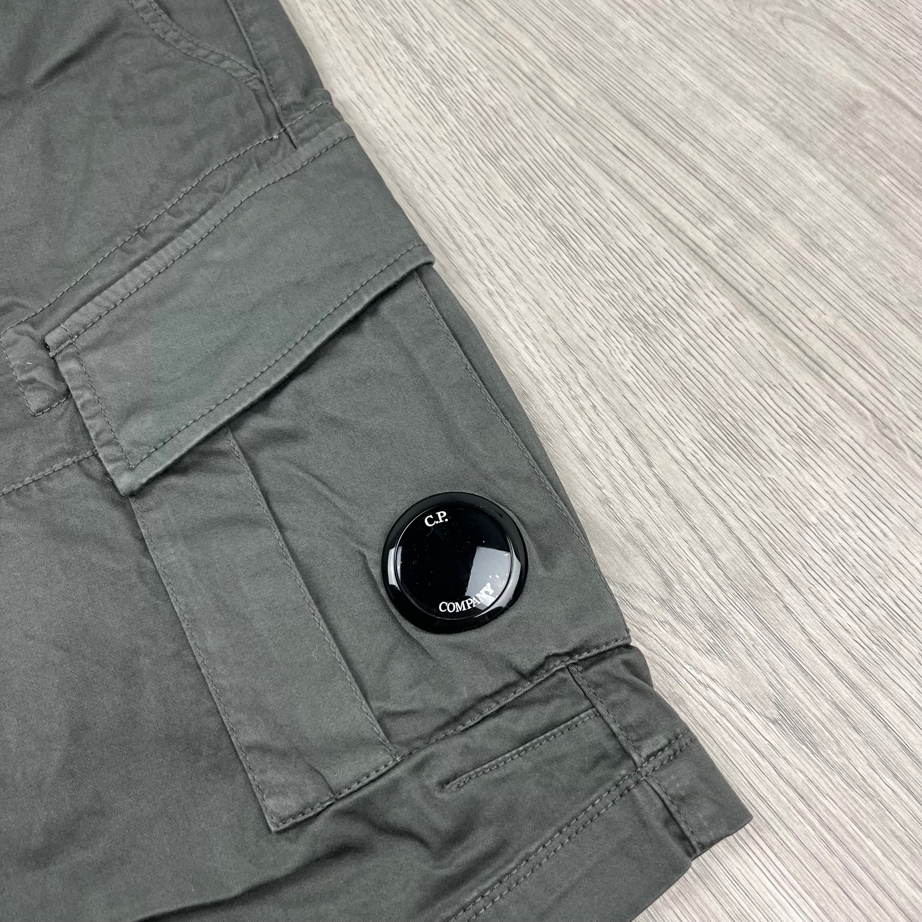 CP Company Gabardine Cargo Shorts in Smoked Pearl. On sale at Open Attire.