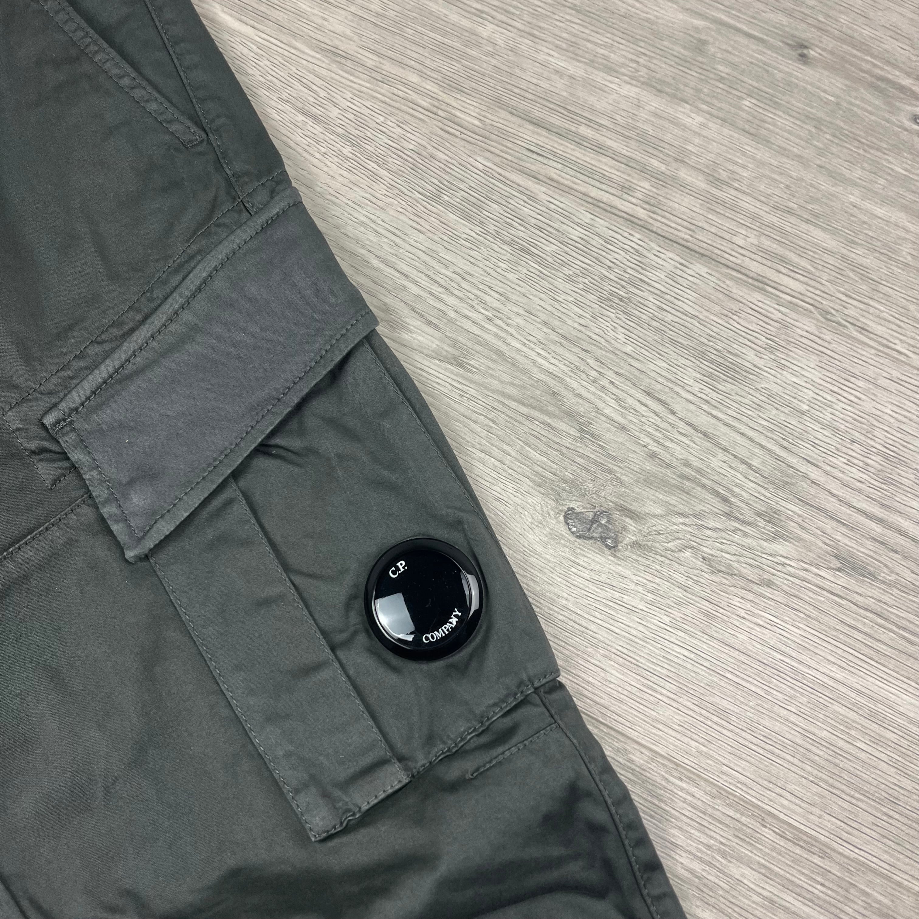 CP Company Stretch Sateen Cargo Trousers in Smoked Pearl. On sale at Open Attire.