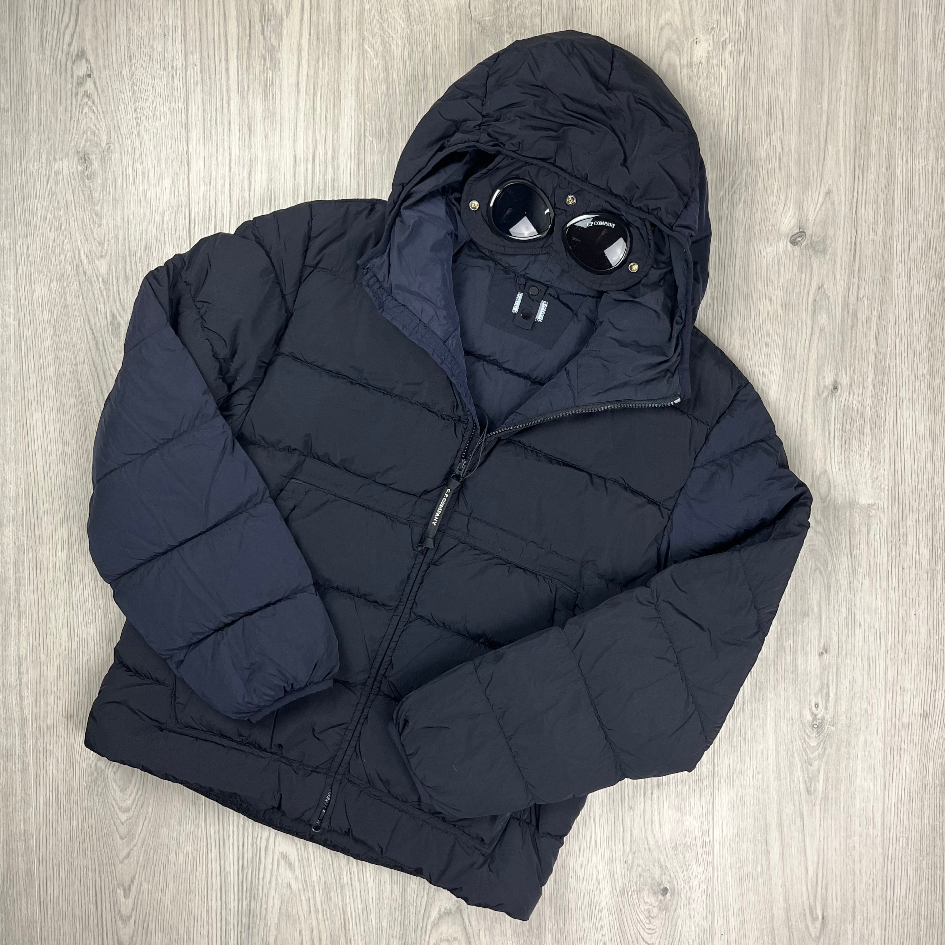 CP Company Chrome-R Goggle Down Jacket in Total Eclipse Navy Blue. On sale at Open Attire.