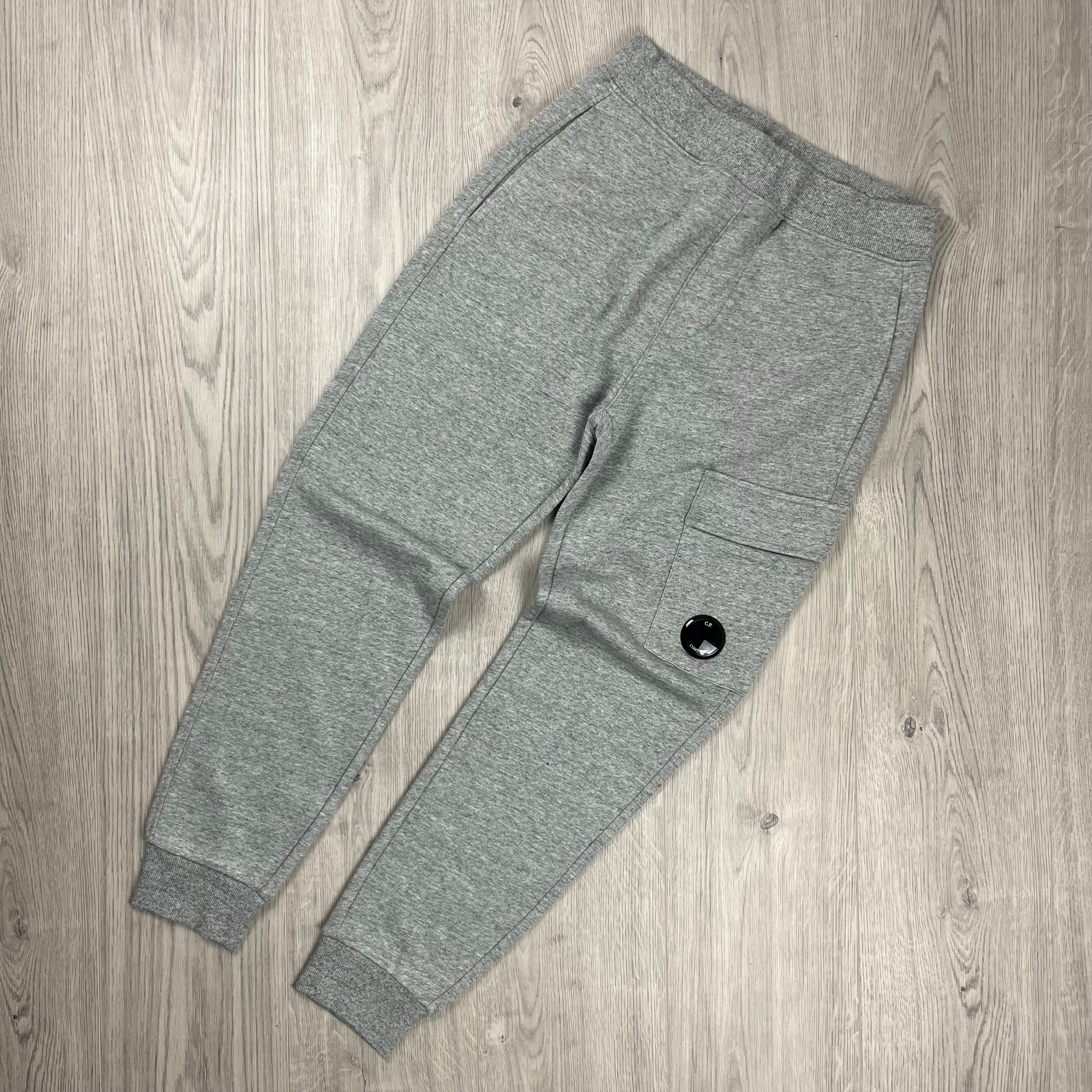 CP Company Raised Fleece Cargo Sweatpants in Greystone Melange. On sale at Open Attire.