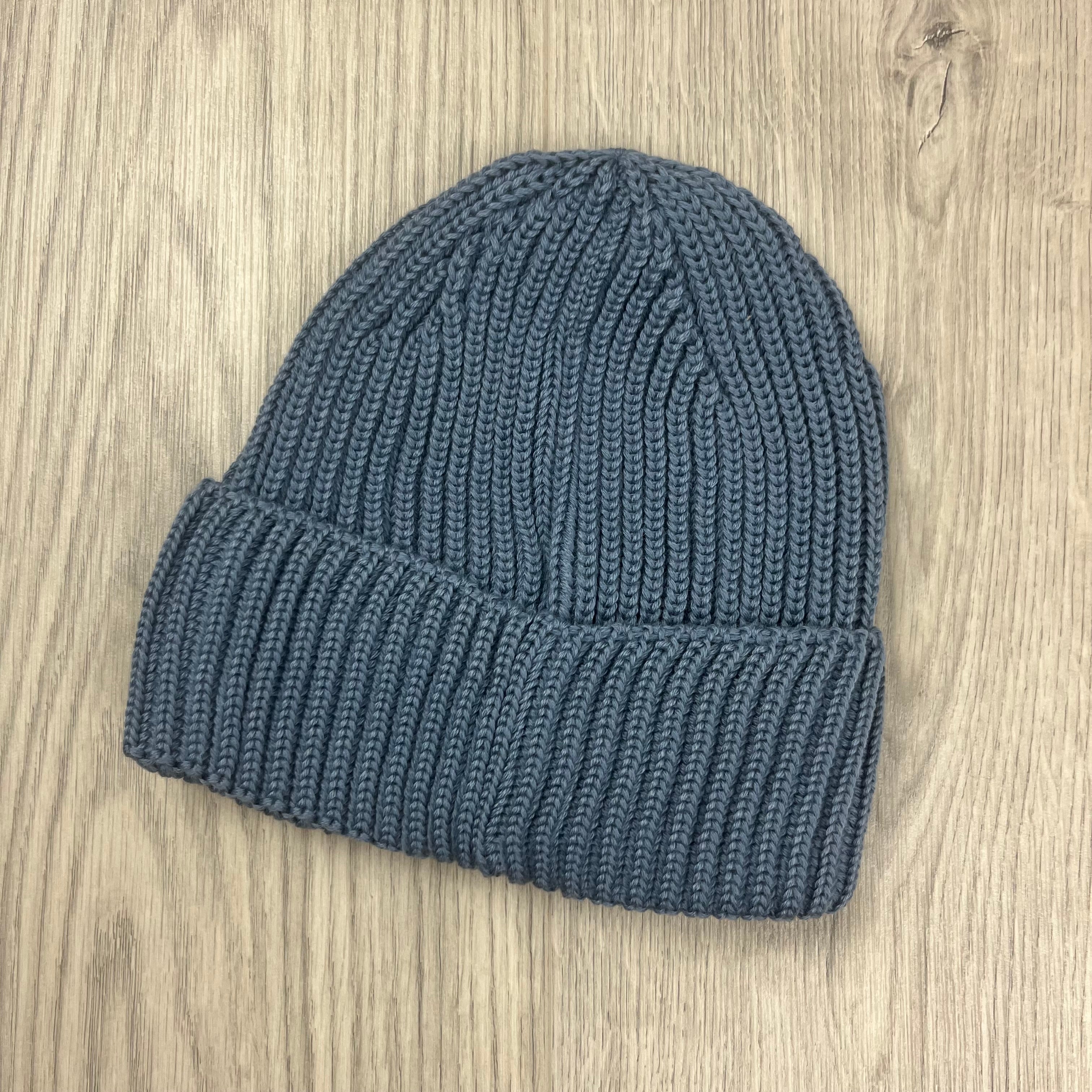 CP Company Merino Wool Lens Beanie in Flint Stone Blue. On sale at Open Attire.