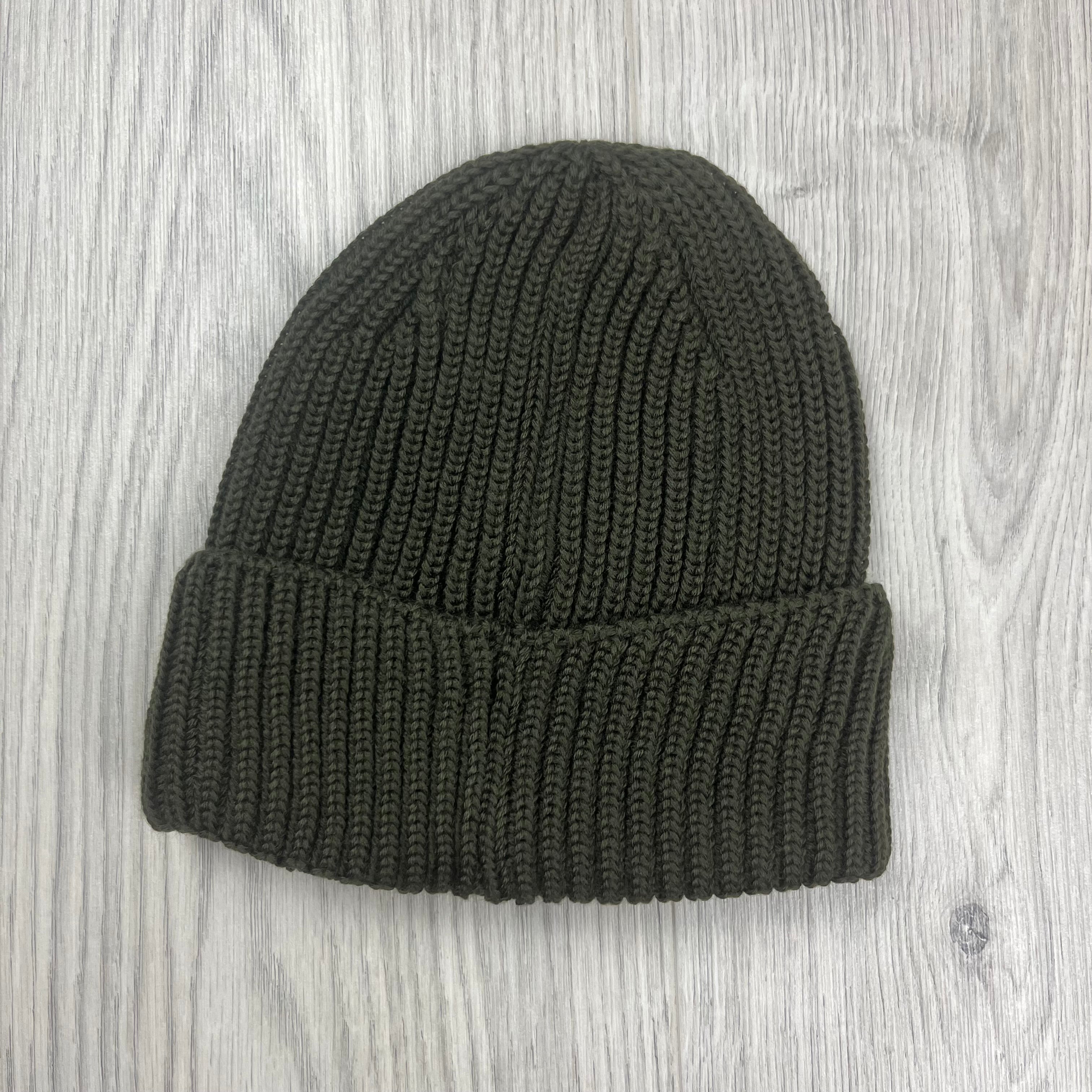 CP Company Merino Wool Lens Beanie in Ivy Green. On sale at Open Attire.