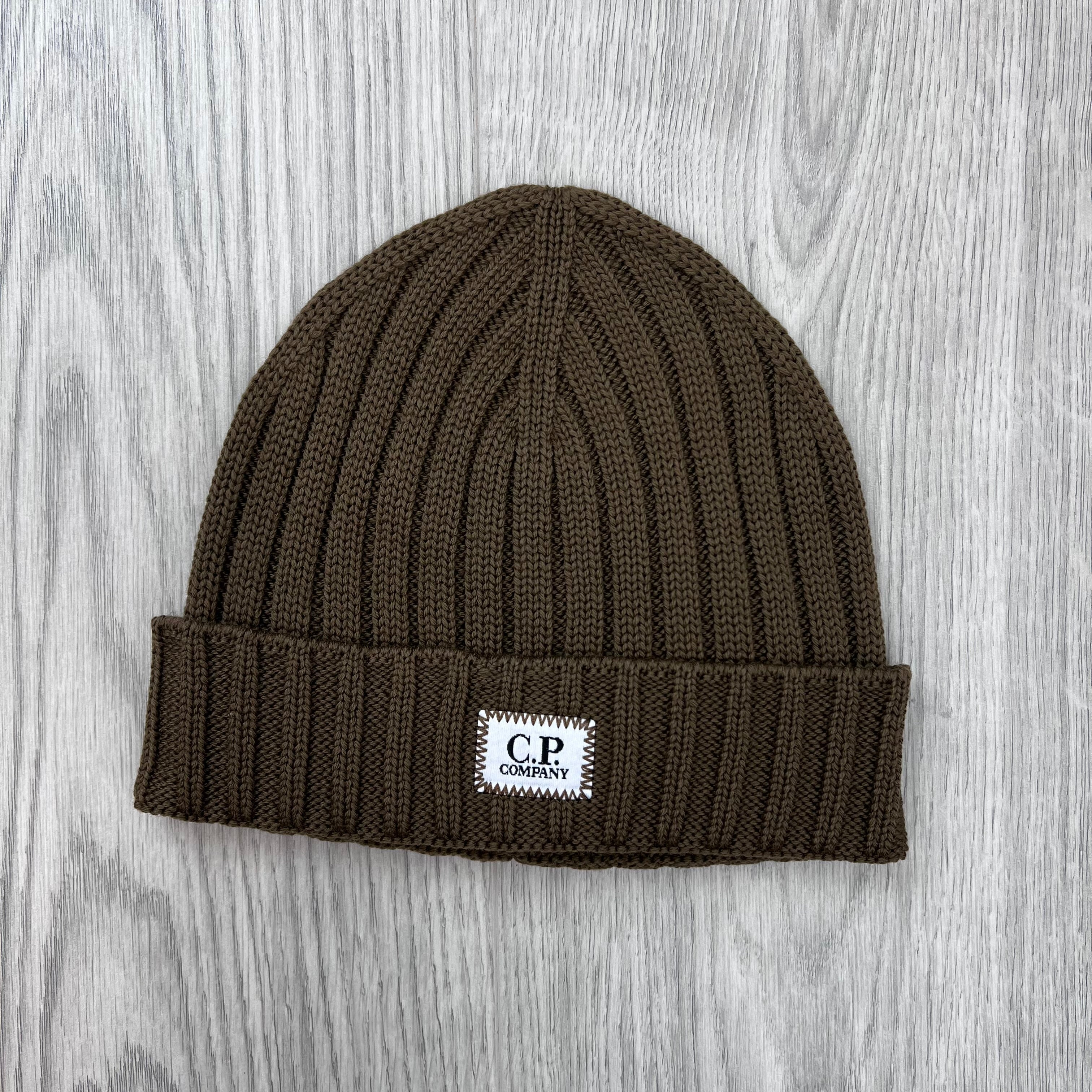 Front view of the CP Company Merino Wool Patch Beanie in Ermine.