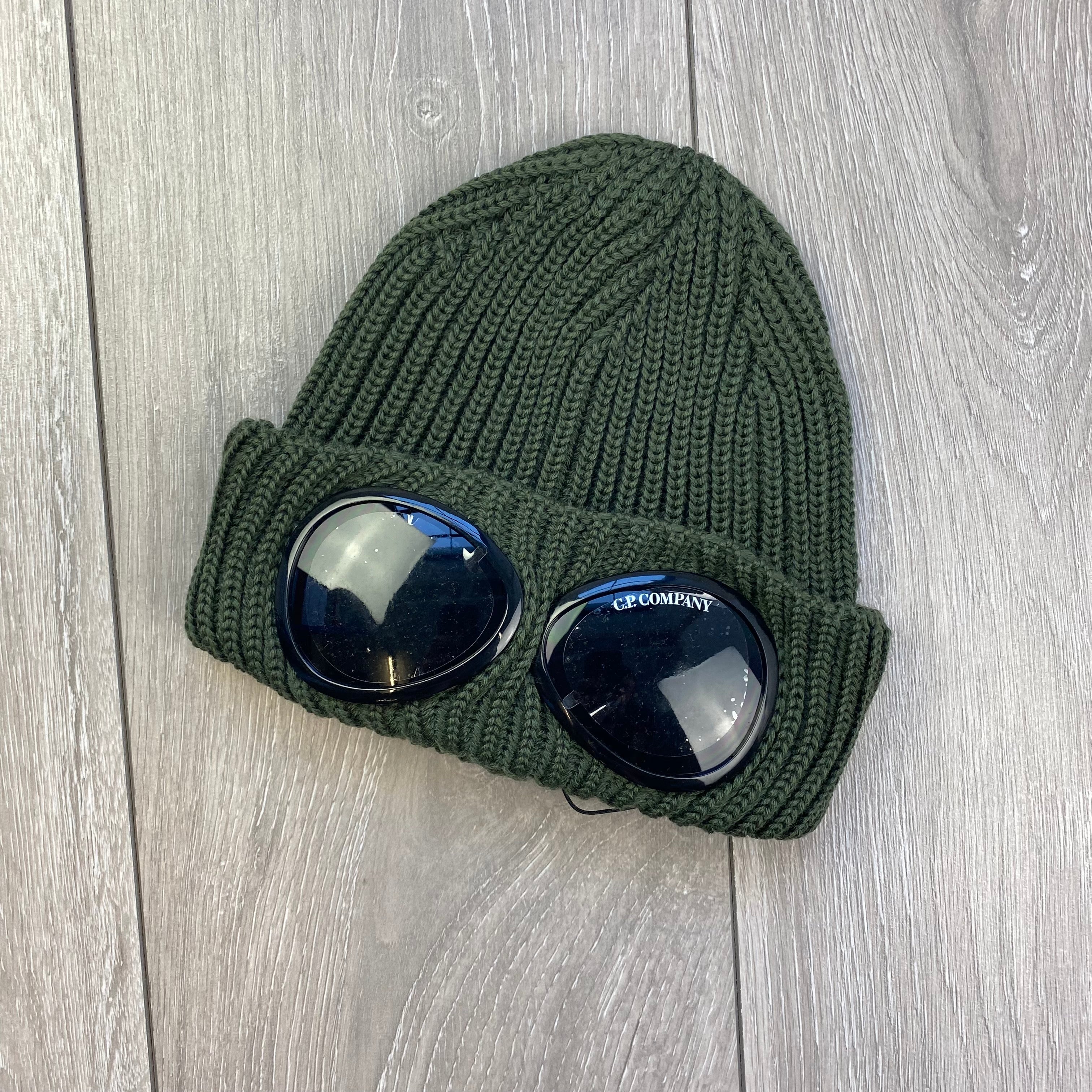 CP Company Extra Fine Merino Wool Goggle Beanie in Ivy Green. On sale at Open Attire.