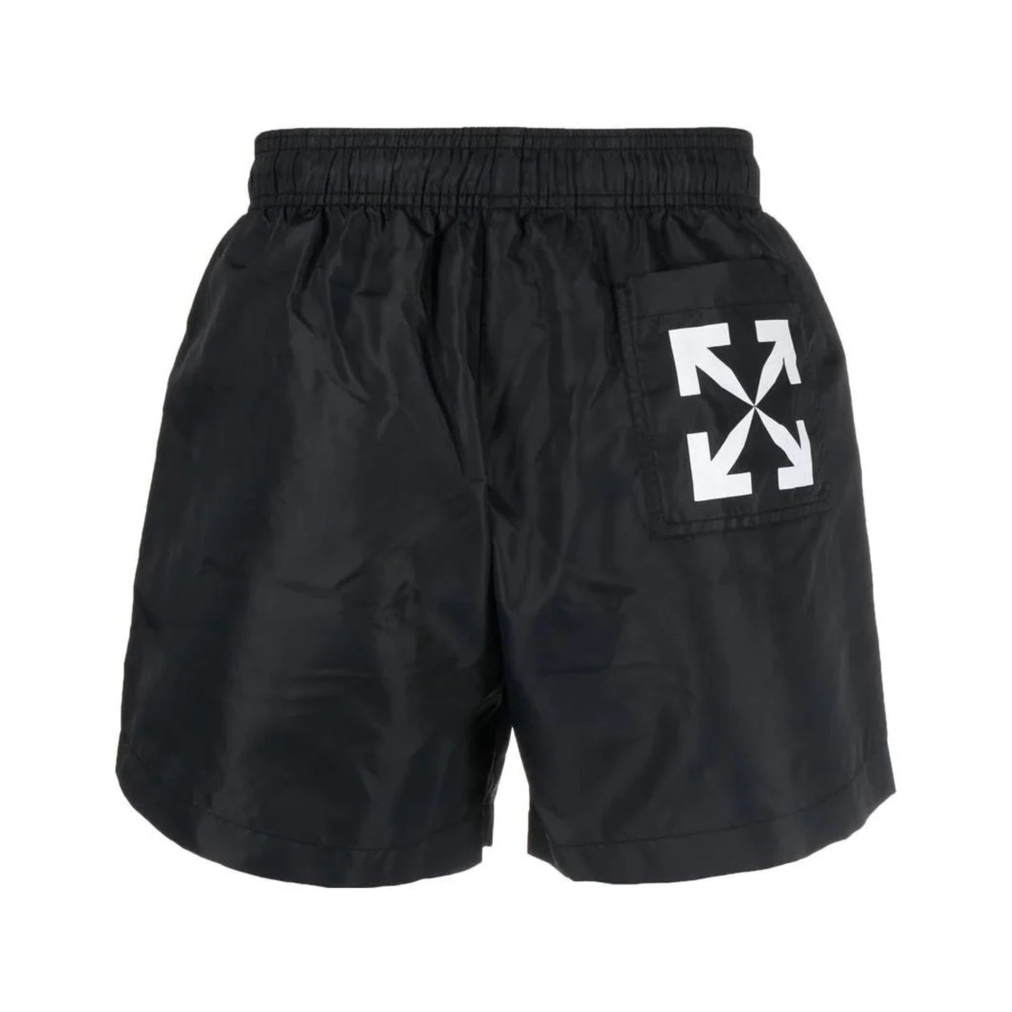 Off-White c/o Virgil Abloh Arrow Swim Shorts in Black. On sale at Open Attire.