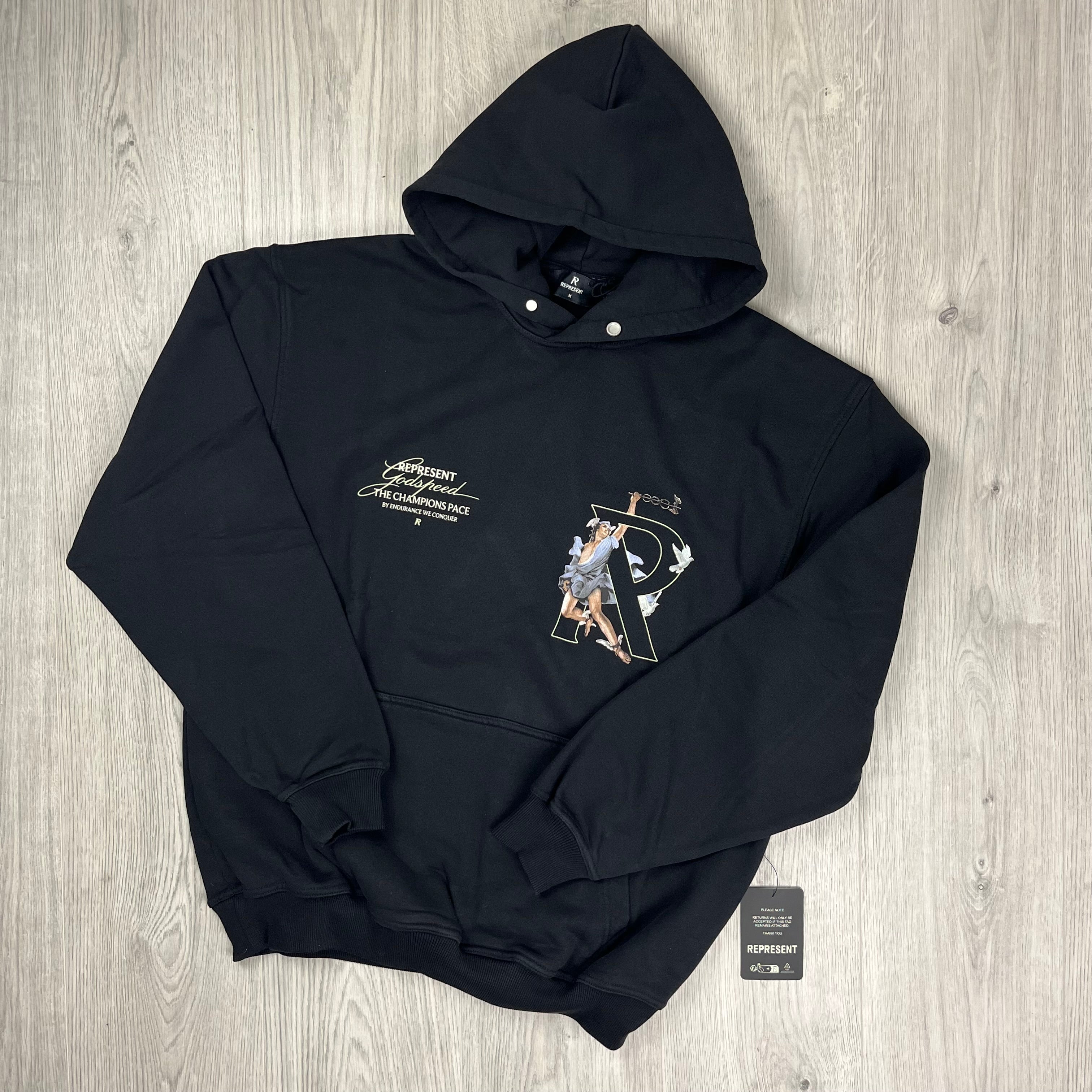 Represent 'Hermes' Hoodie in Black. On sale at Open Attire.