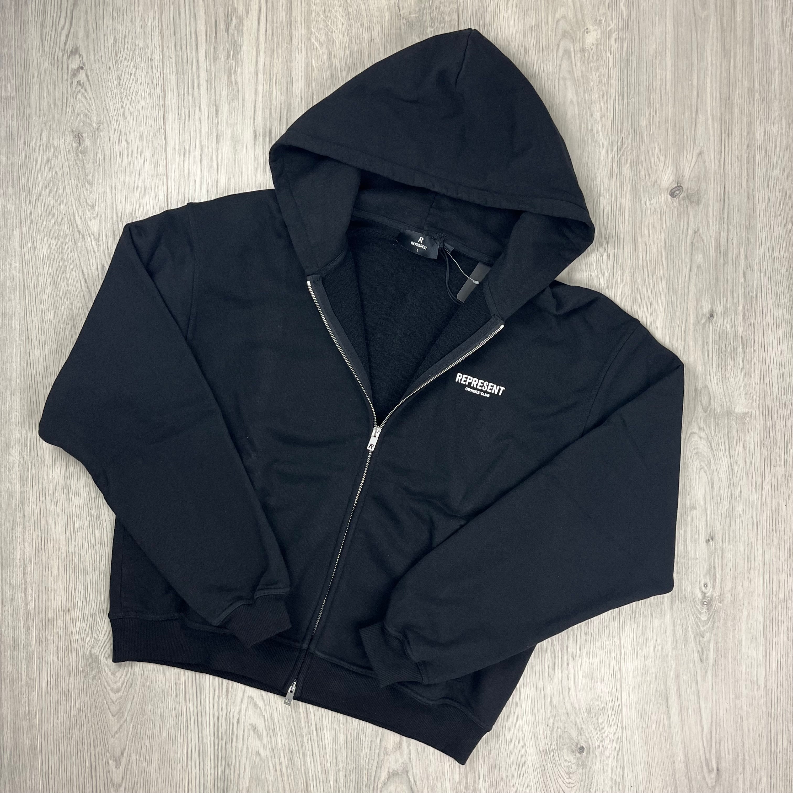 Represent Owners Club Zip Hoodie in Black. On sale at Open Attire.