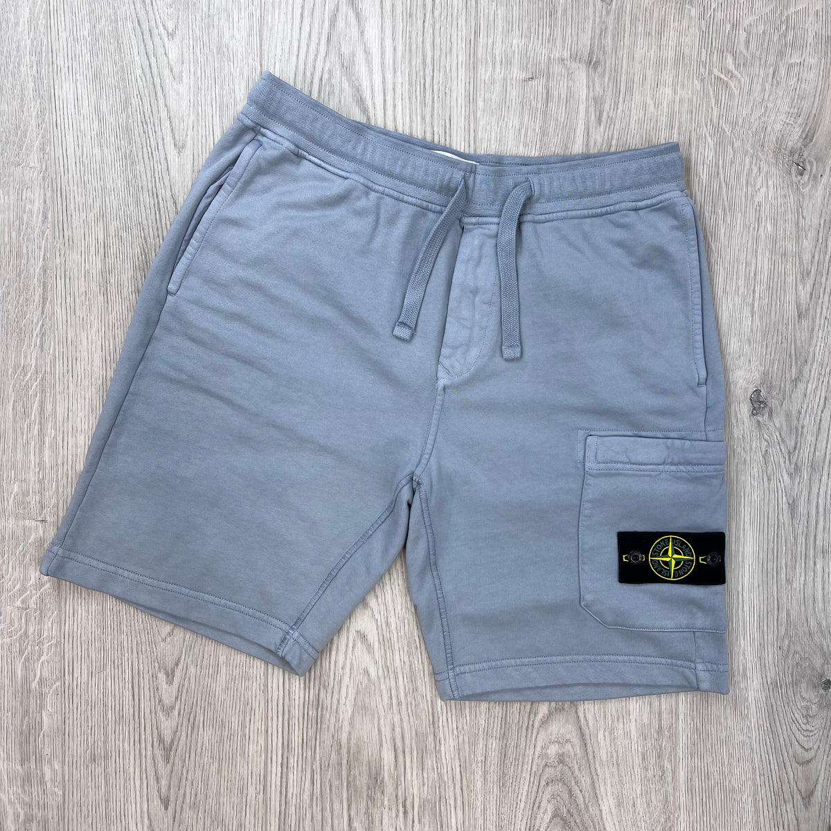 Front view of the Stone Island Jersey Shorts in Ash Grey. 