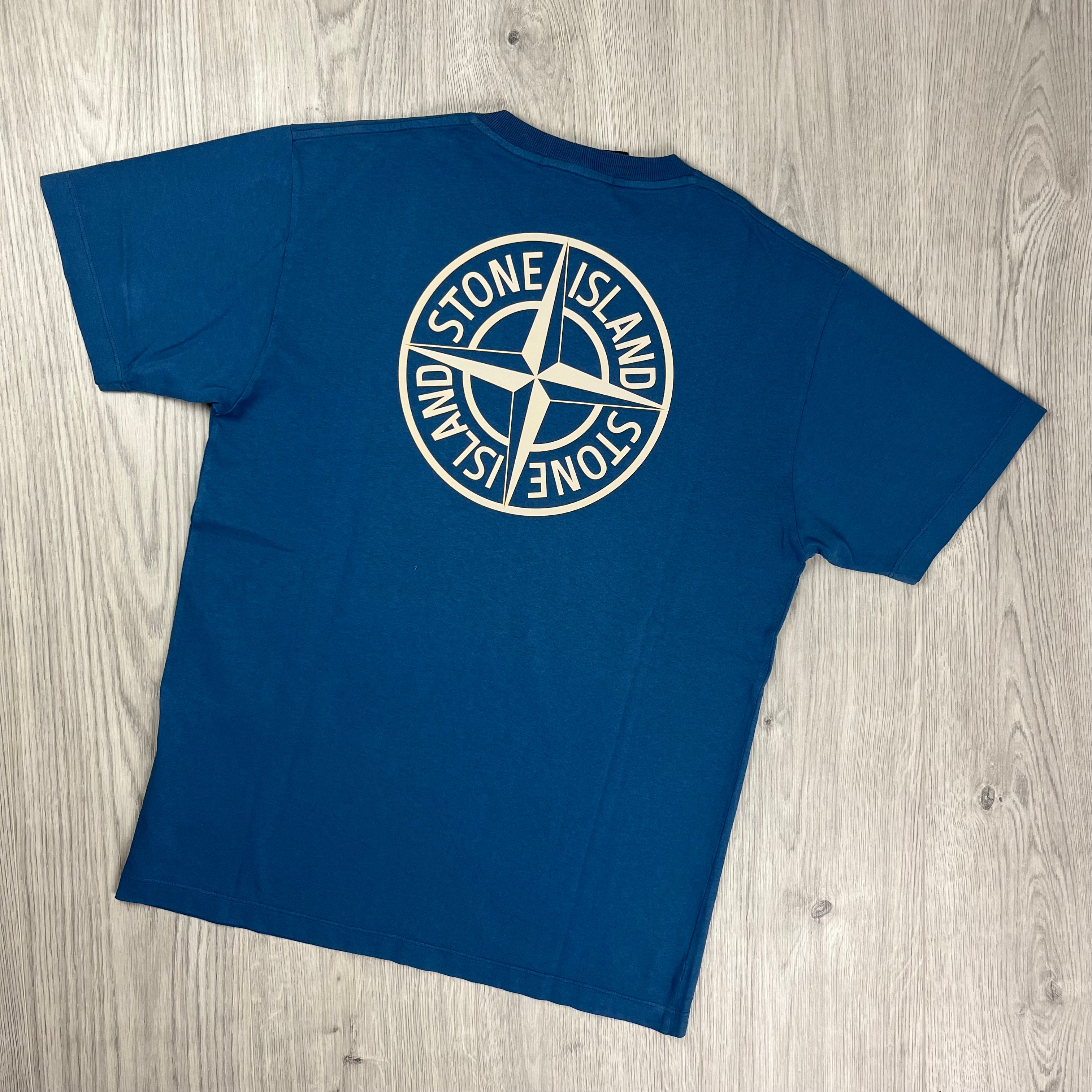 Stone Island 'Institutional Four' T-shirt in Avio Blue. On sale at Open Attire.